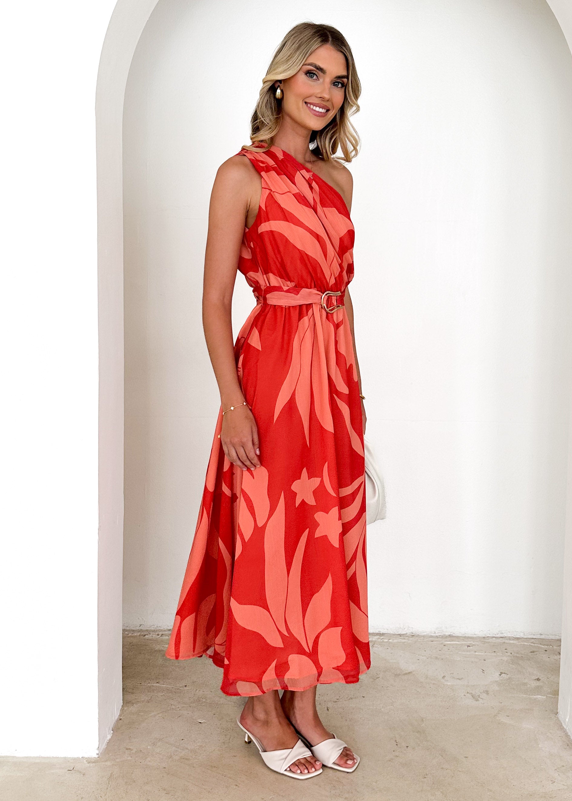 Dana One Shoulder Midi Dress - Coral Floral