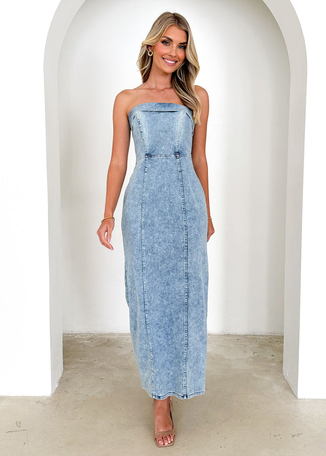 Anistom Strapless Denim Midi Dress - Mid Blue