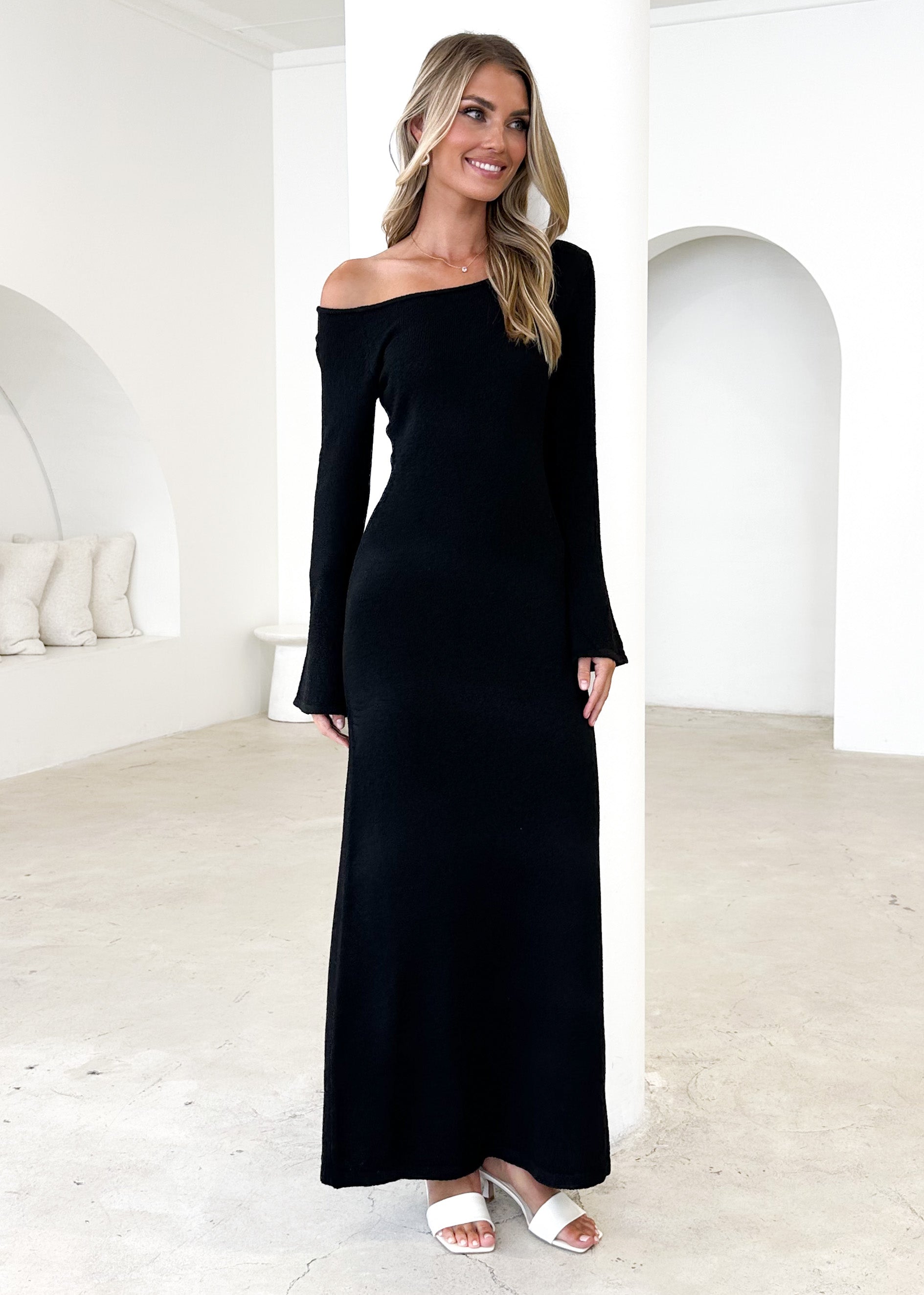 Loco One Shoulder Knit Maxi Dress - Black