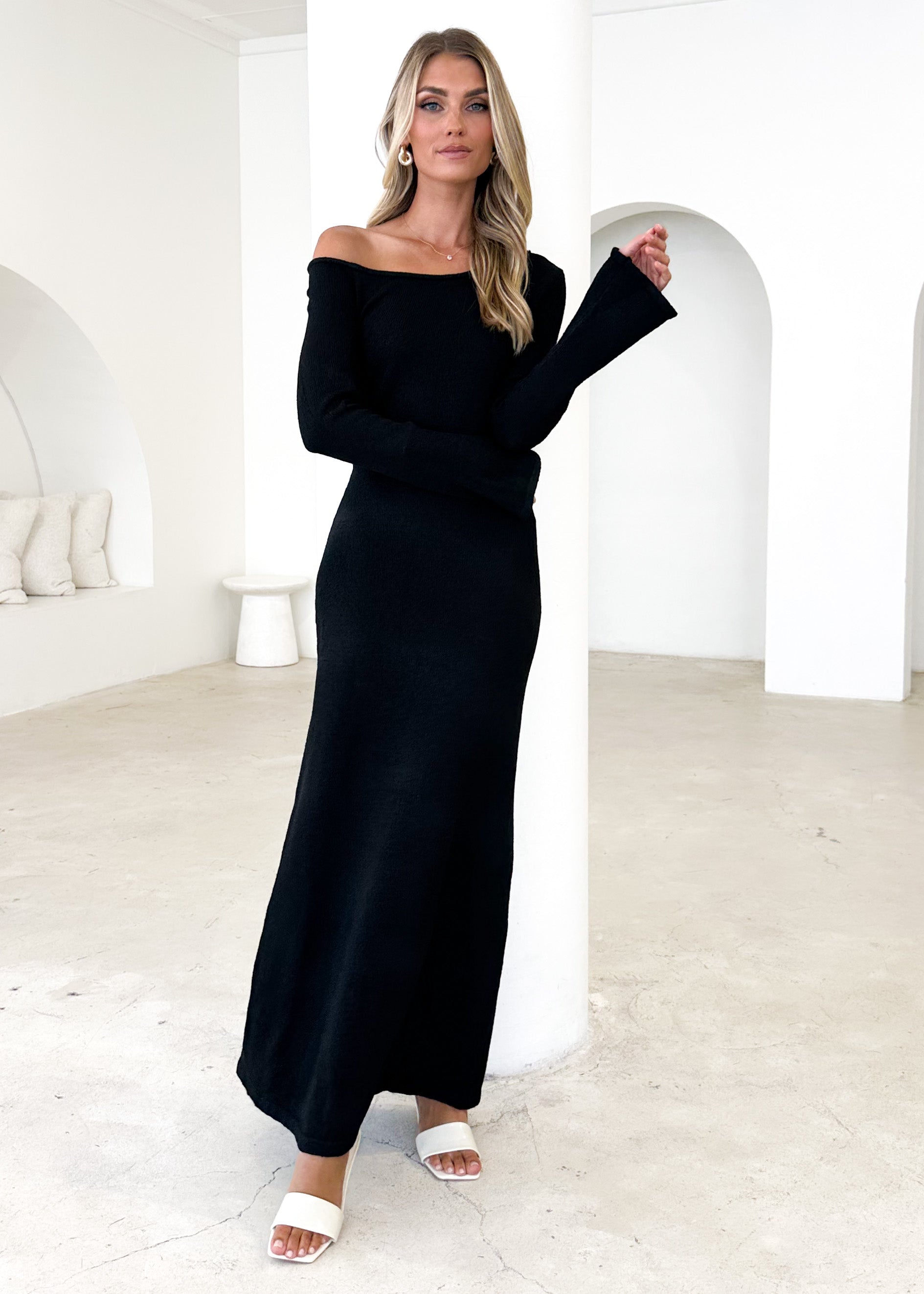 Loco One Shoulder Knit Maxi Dress - Black