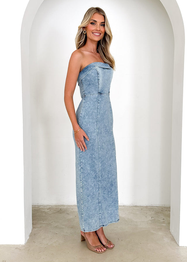 Anistom Strapless Denim Midi Dress - Mid Blue