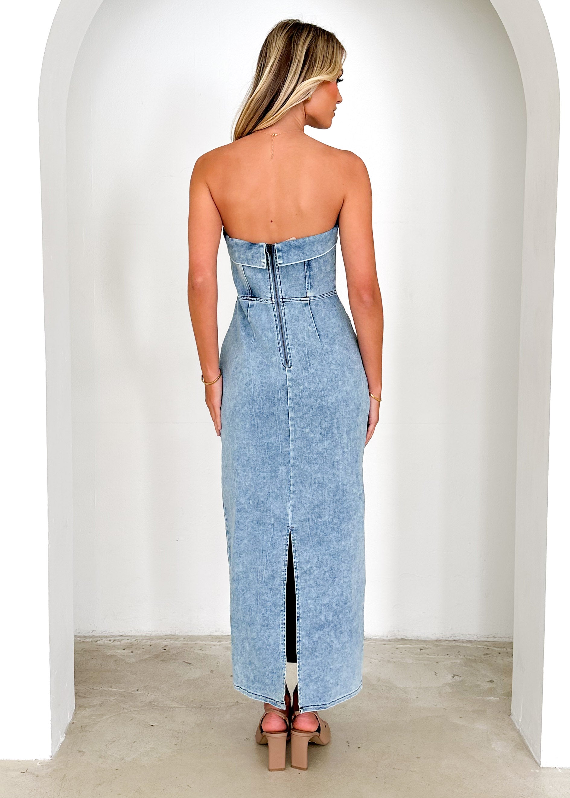 Anistom Strapless Denim Midi Dress - Mid Blue