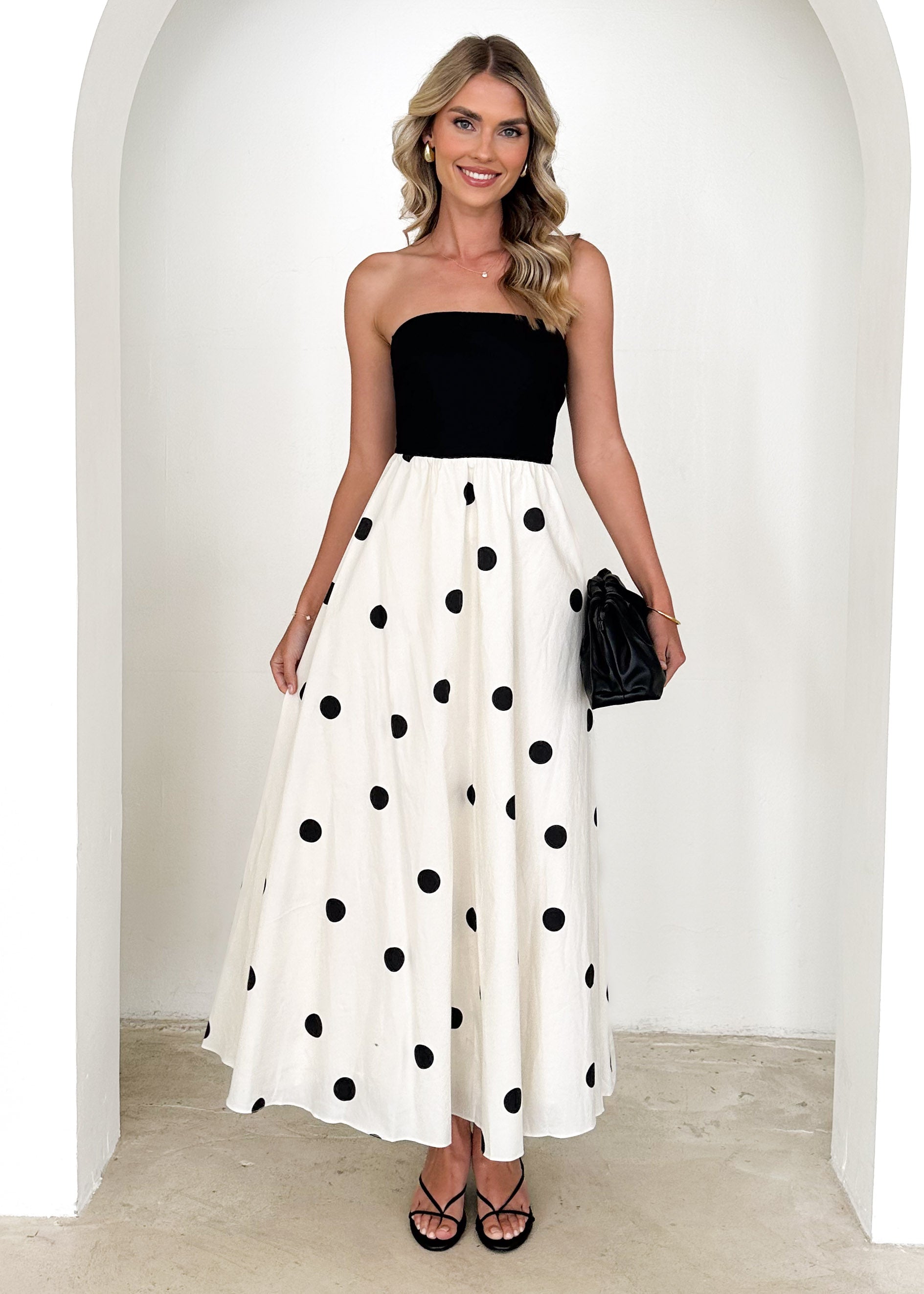 Nadya Strapless Maxi Dress - Black Polka