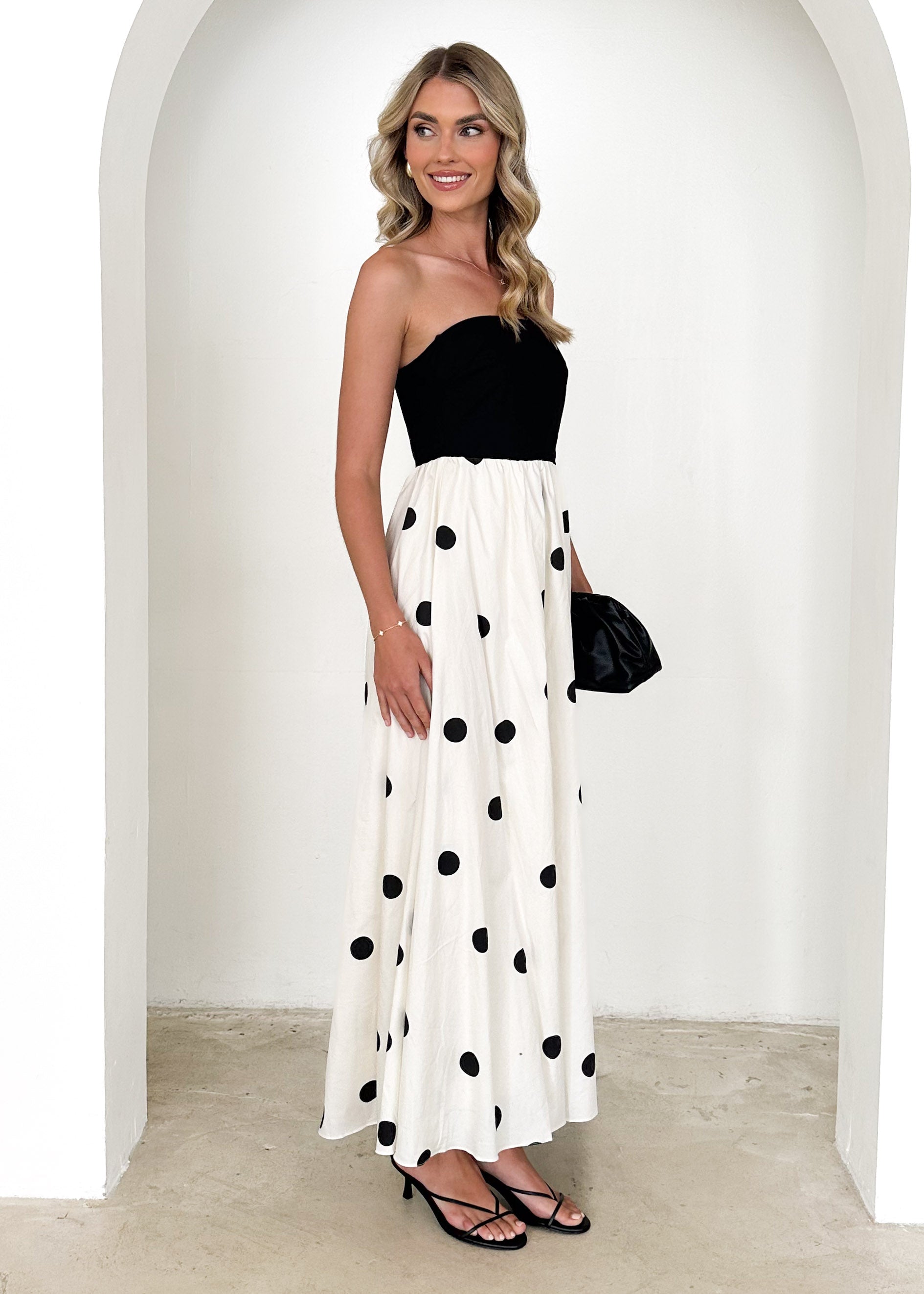 Nadya Strapless Maxi Dress - Black Polka