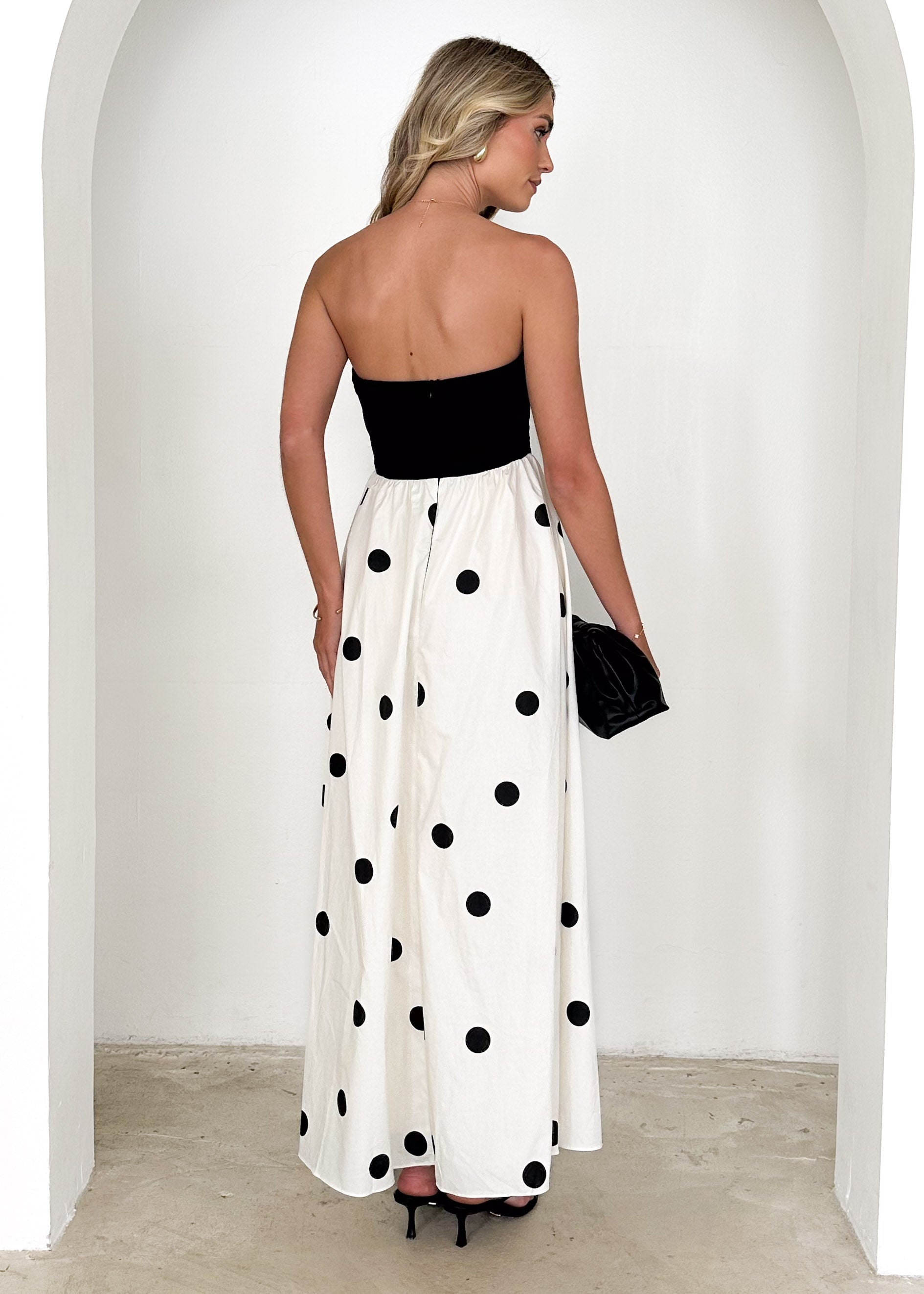 Nadya Strapless Maxi Dress - Black Polka