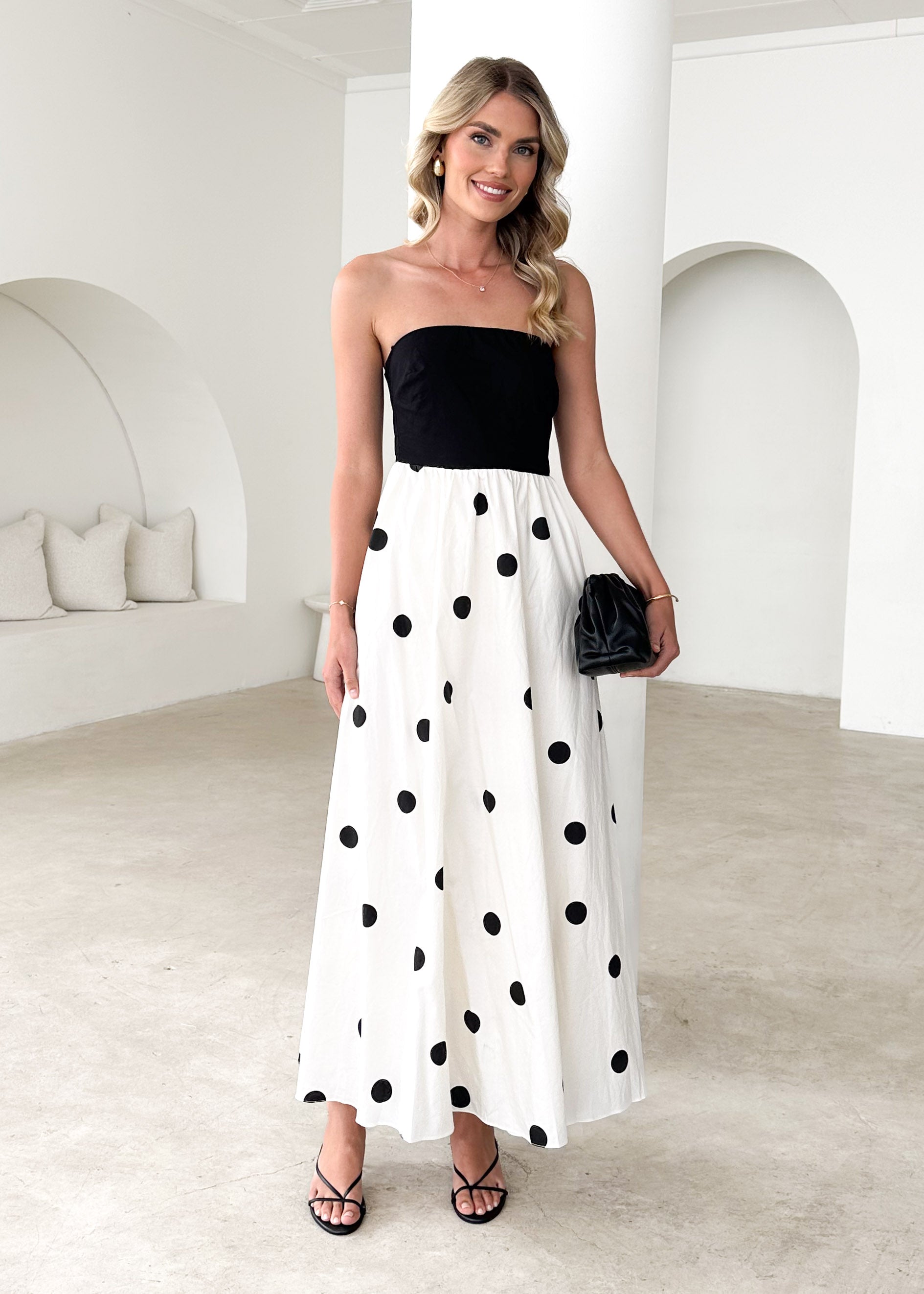 Nadya Strapless Maxi Dress - Black Polka