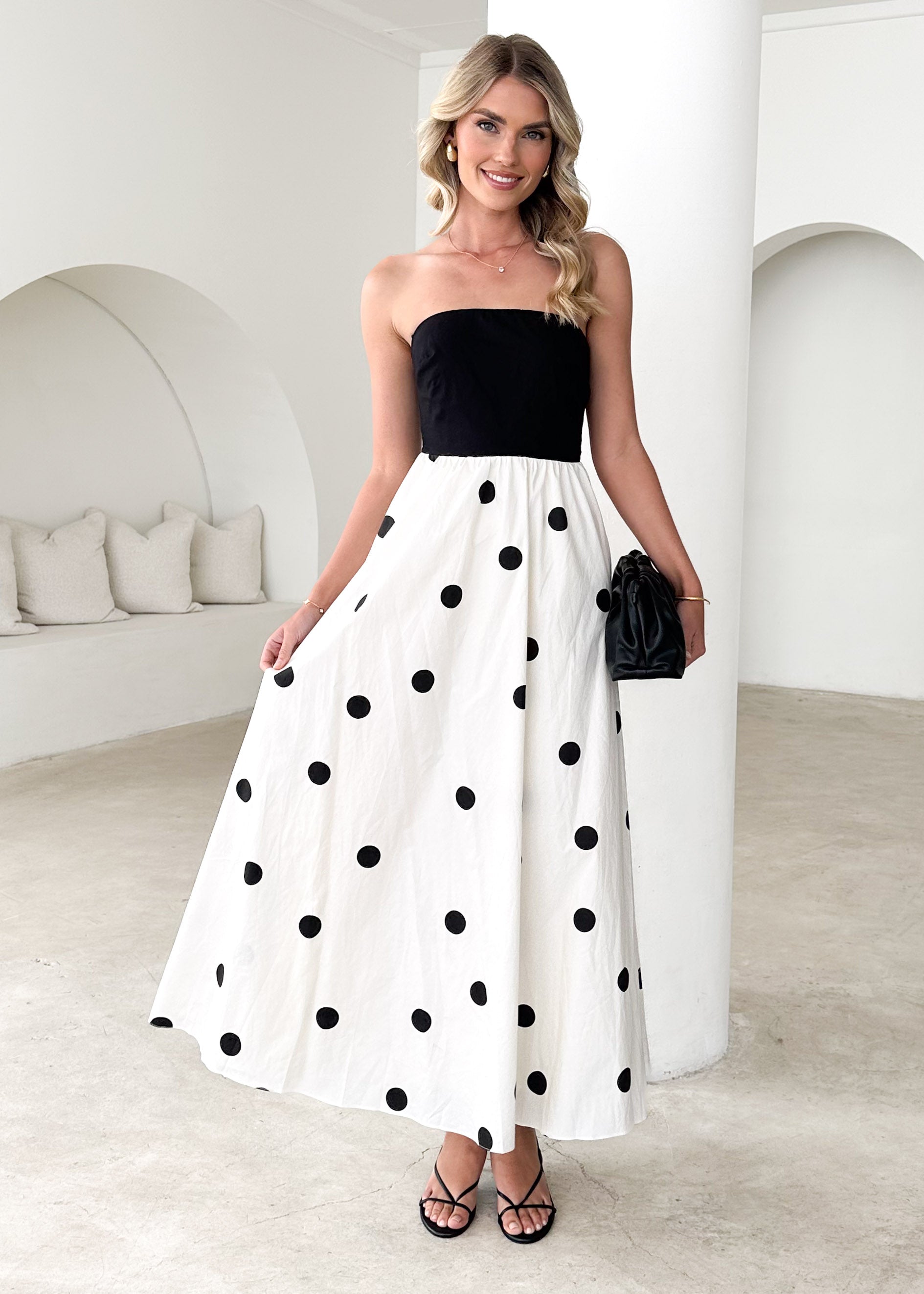 Nadya Strapless Maxi Dress - Black Polka