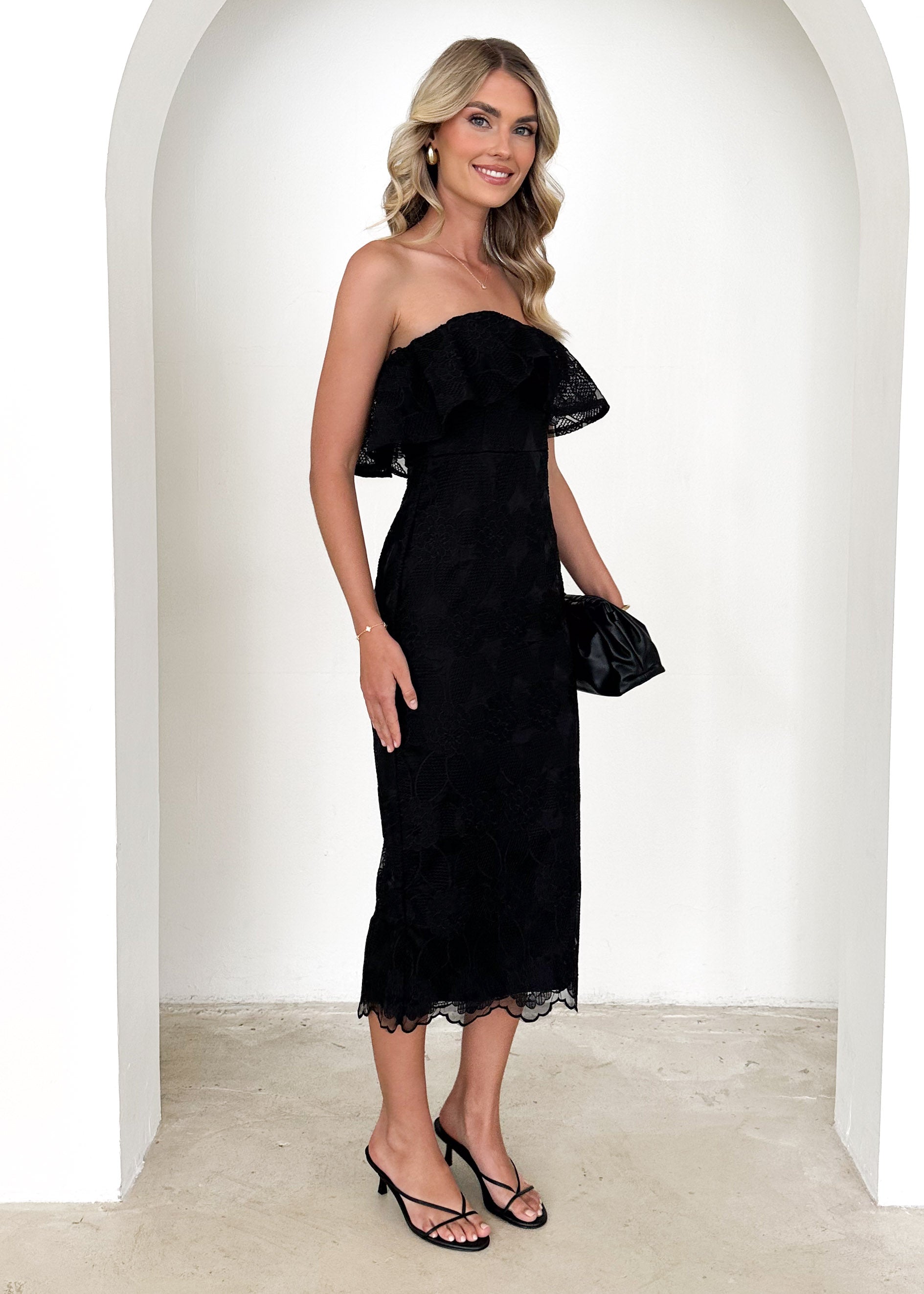 Zara Strapless Midi Dress - Black Lace