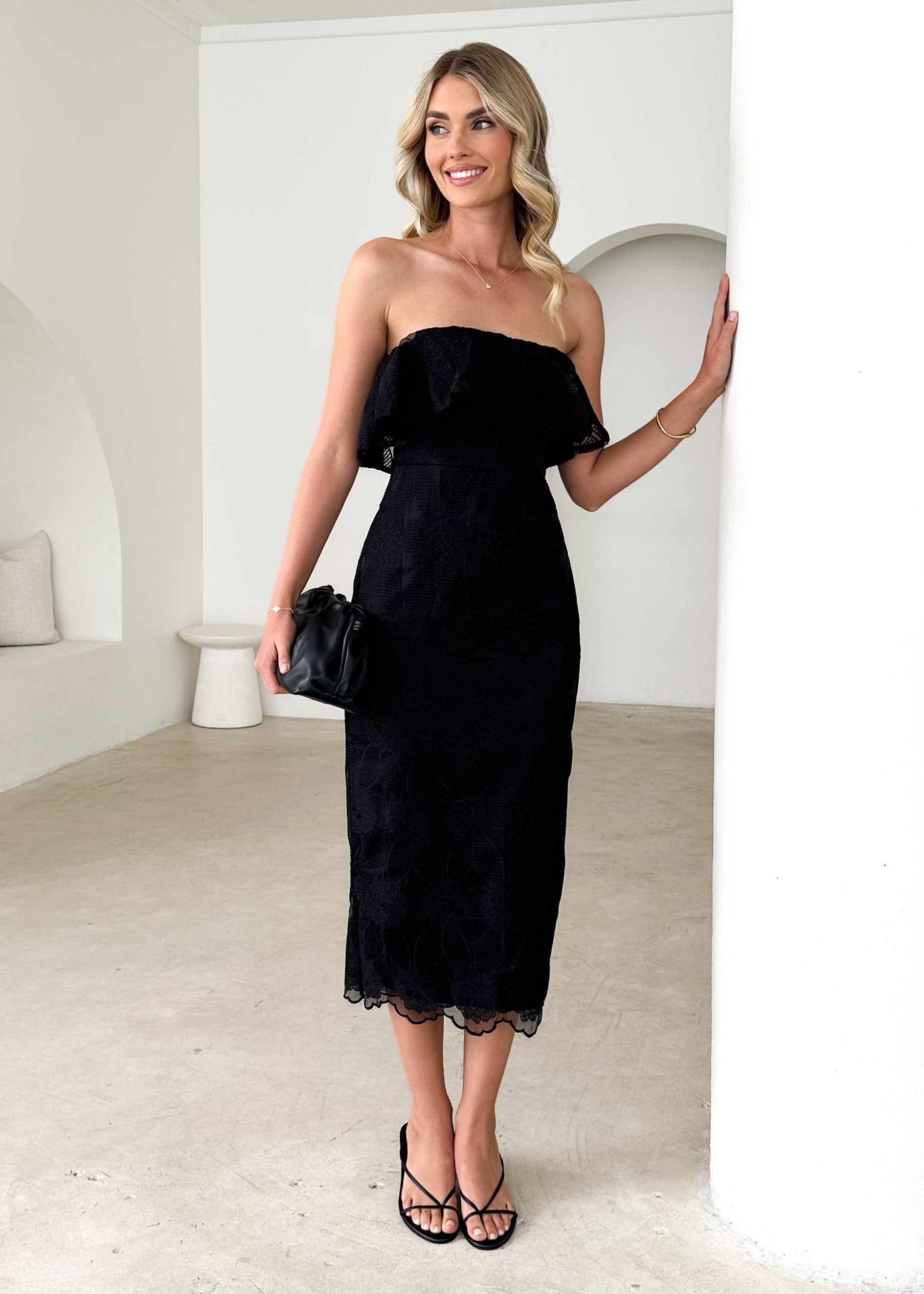 Zara Strapless Midi Dress - Black Lace