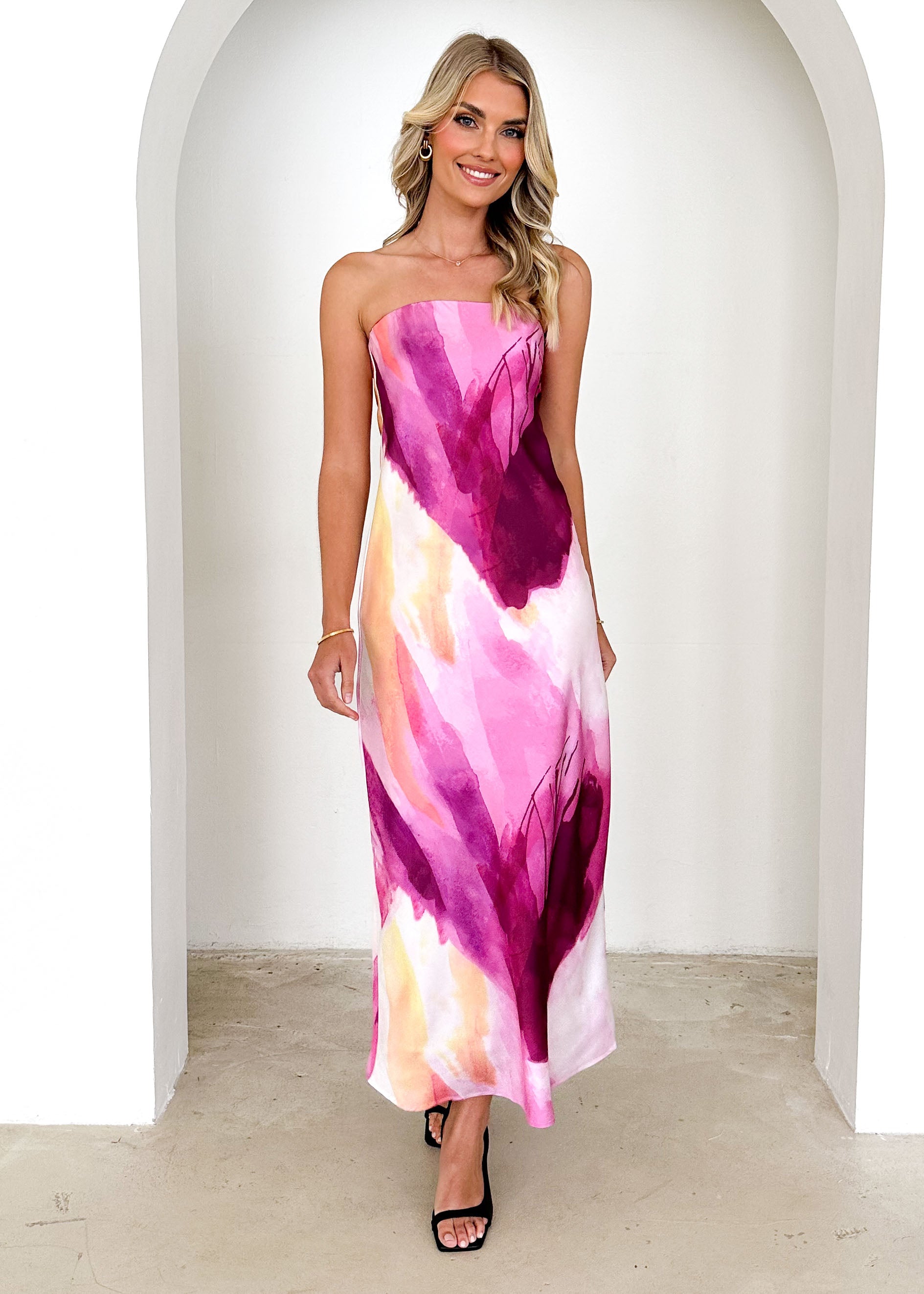 Georges Strapless Midi Dress - Magenta Tie Dye