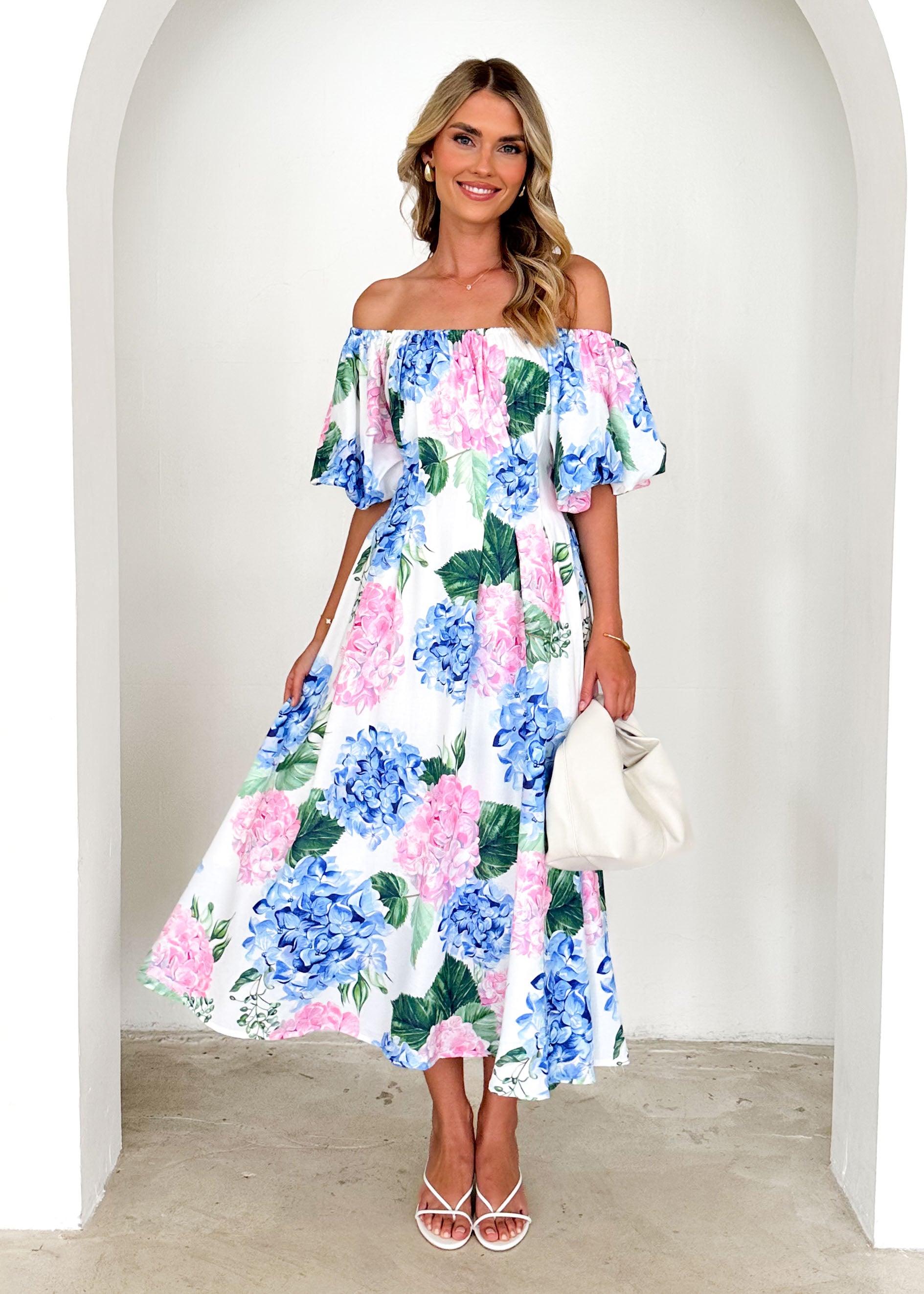 Nadia Off Shoulder Midi Dress - Blue Hydrangea