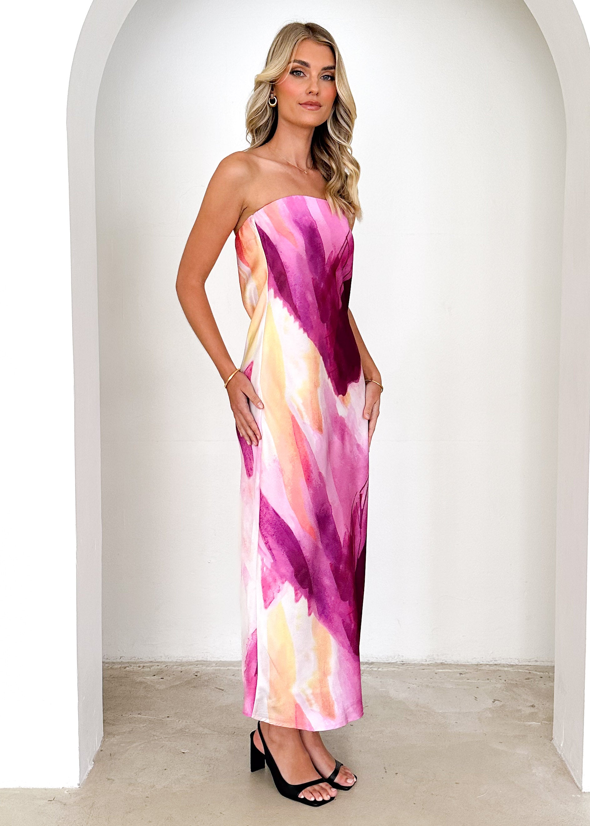 Georges Strapless Midi Dress - Magenta Tie Dye