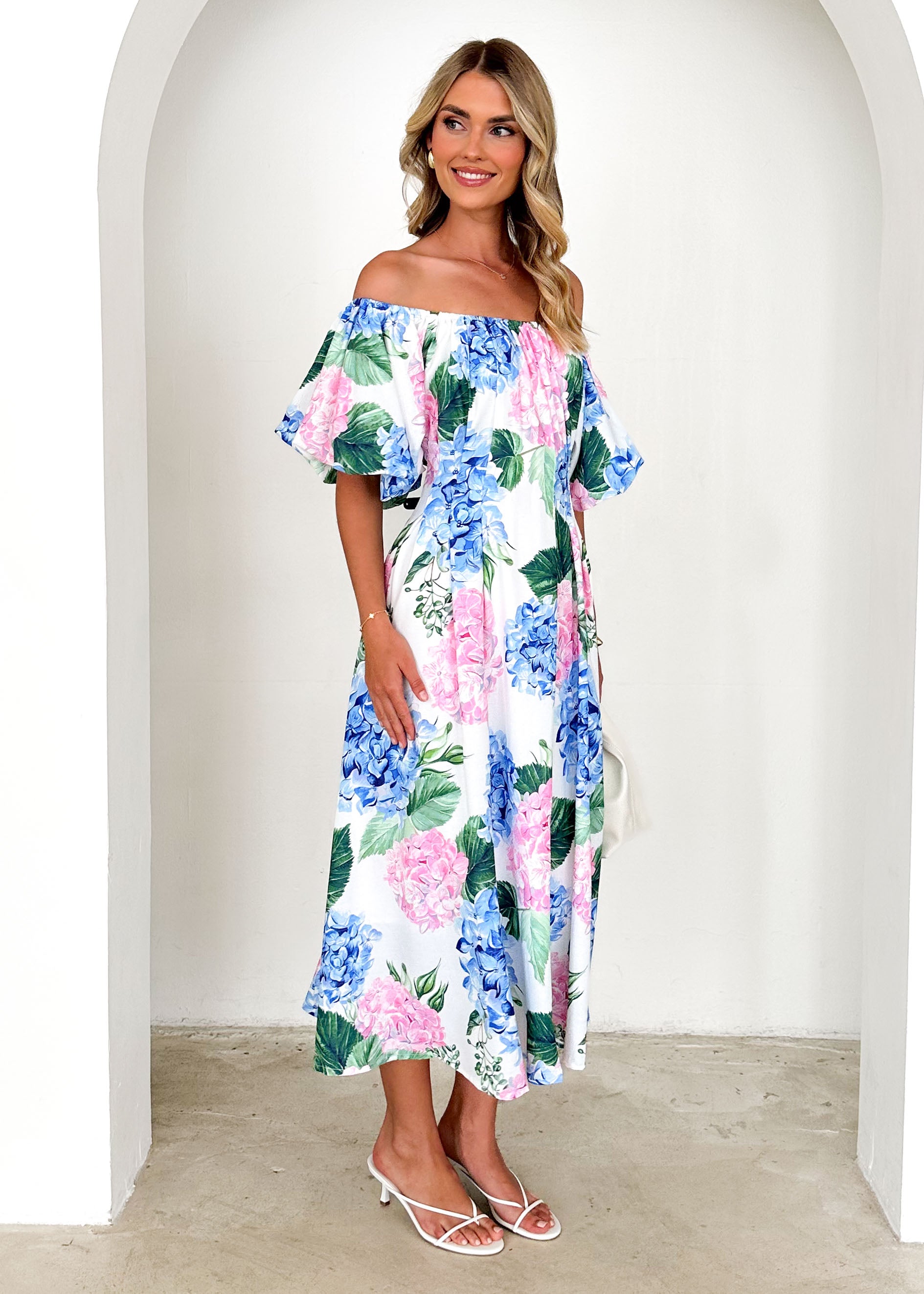 Nadia Off Shoulder Midi Dress - Blue Hydrangea