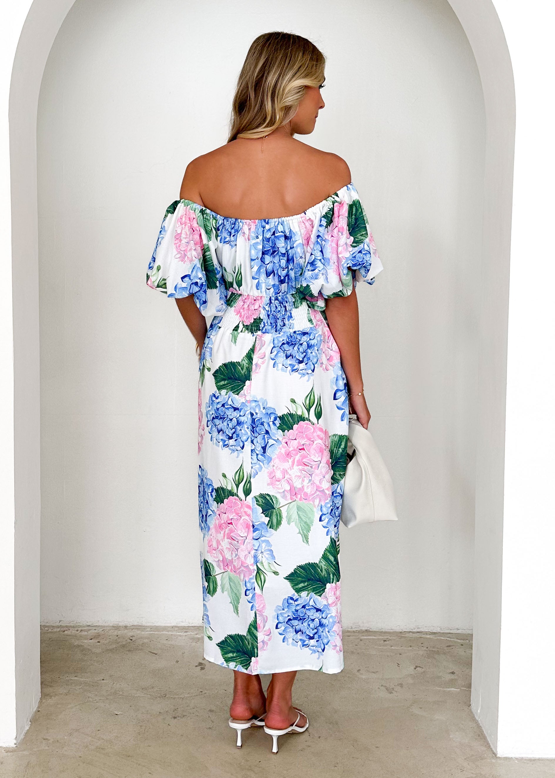 Nadia Off Shoulder Midi Dress - Blue Hydrangea