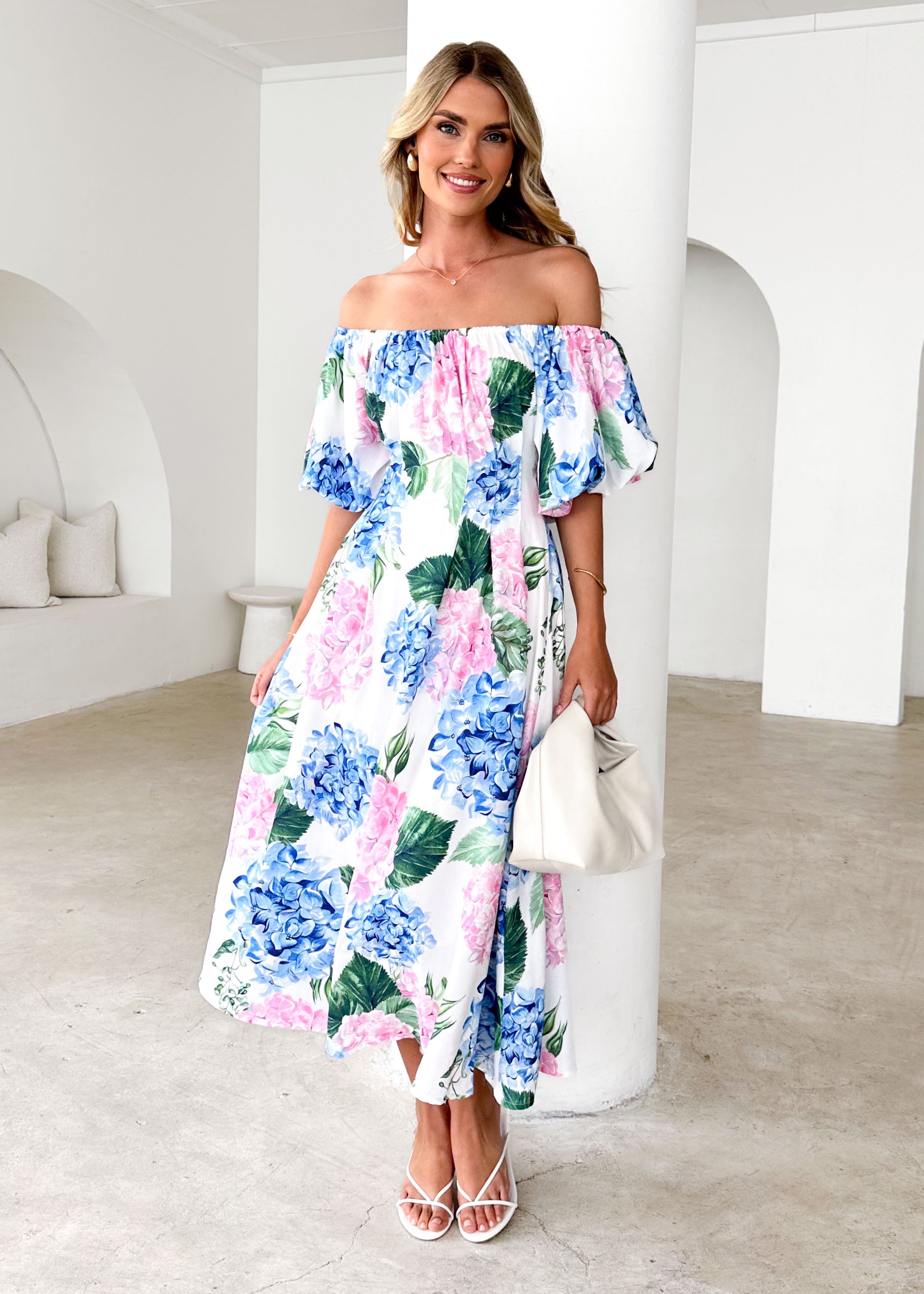 Nadia Off Shoulder Midi Dress - Blue Hydrangea