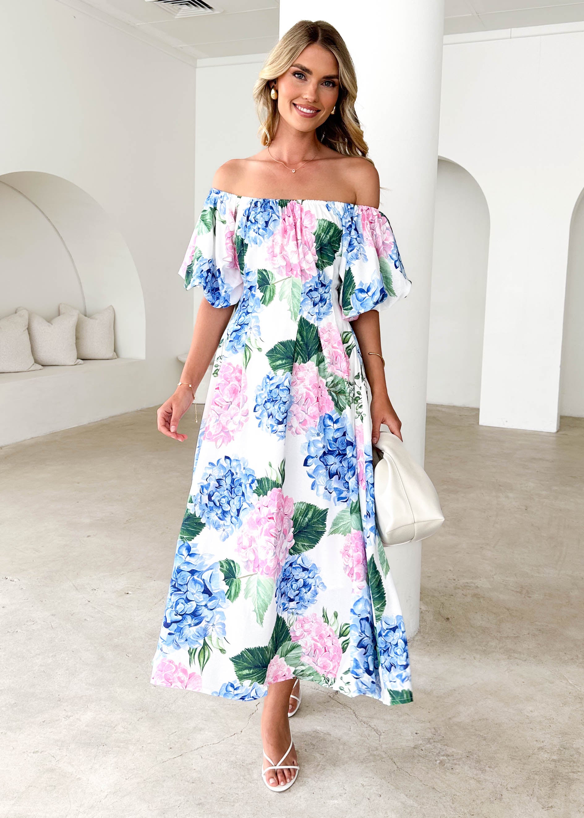 Nadia Off Shoulder Midi Dress - Blue Hydrangea