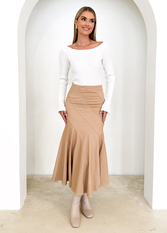 Chicca Stretch Denim Midi Skirt - Beige