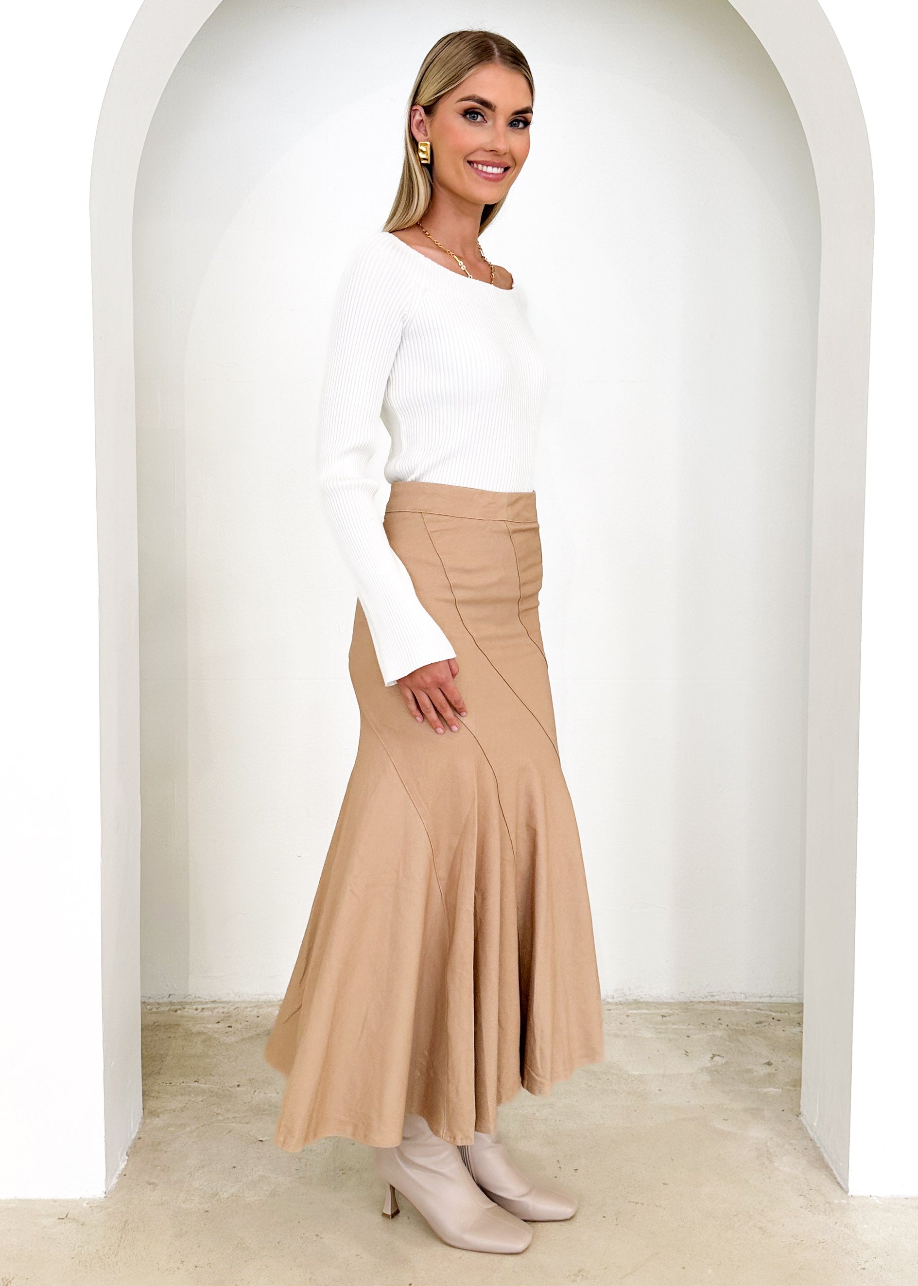 Chicca Stretch Denim Midi Skirt - Beige