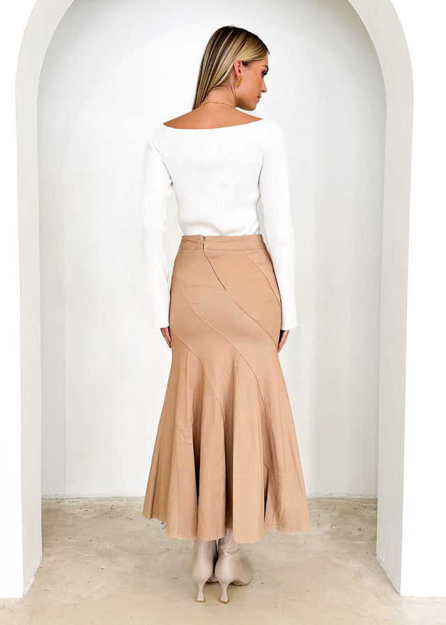 Chicca Stretch Denim Midi Skirt - Beige