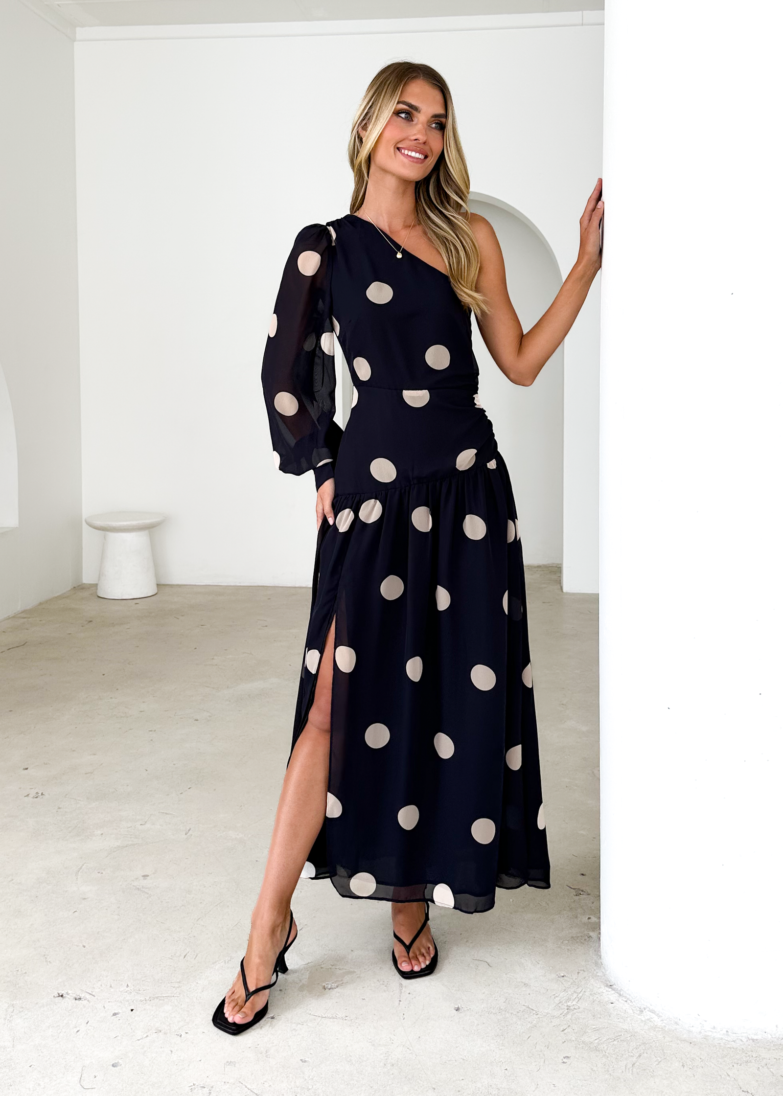gingham and heels one shoulder dress Corinne One Shoulder Midi Dress