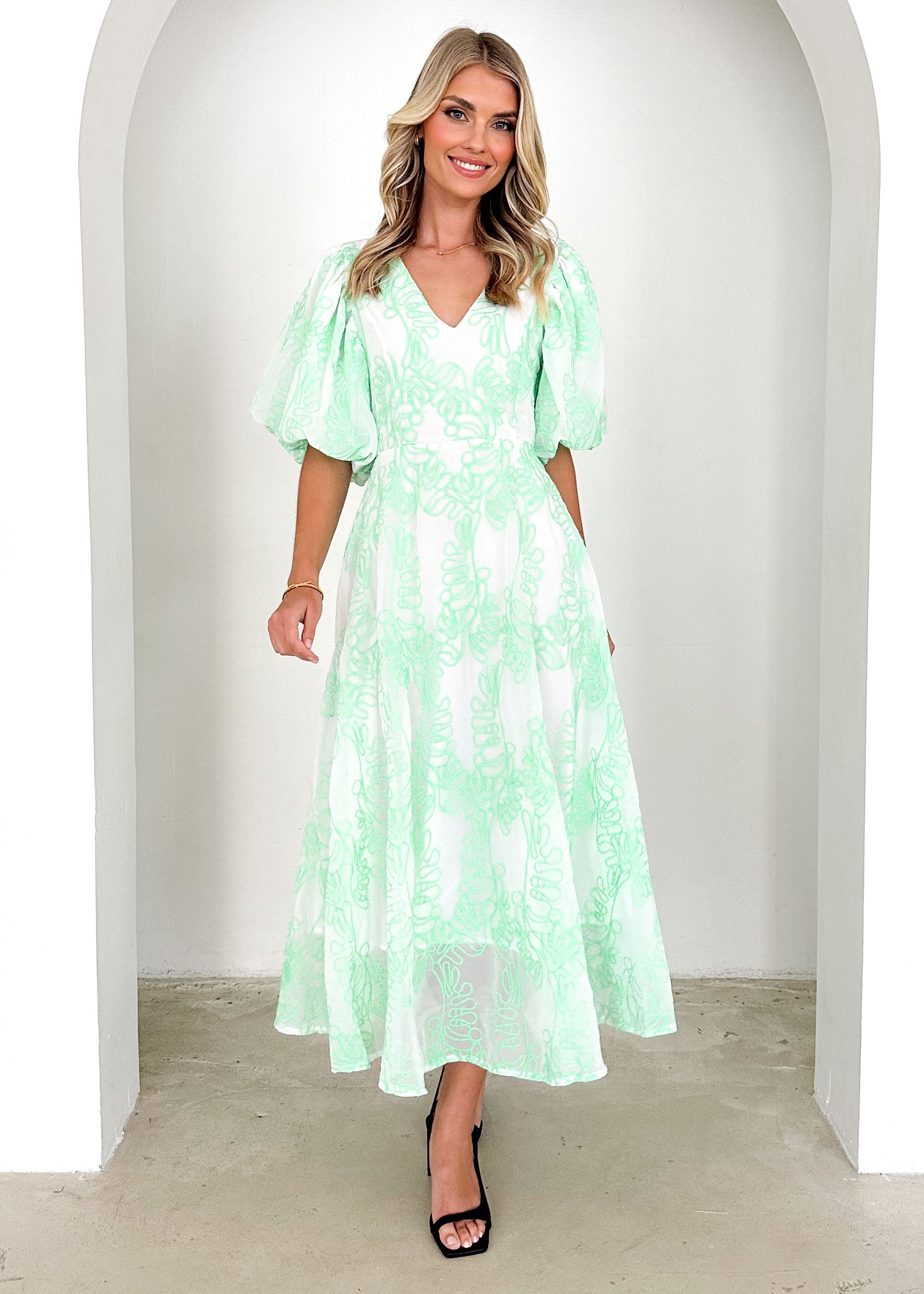 Ninetta Midi Dress - Green Embroidered