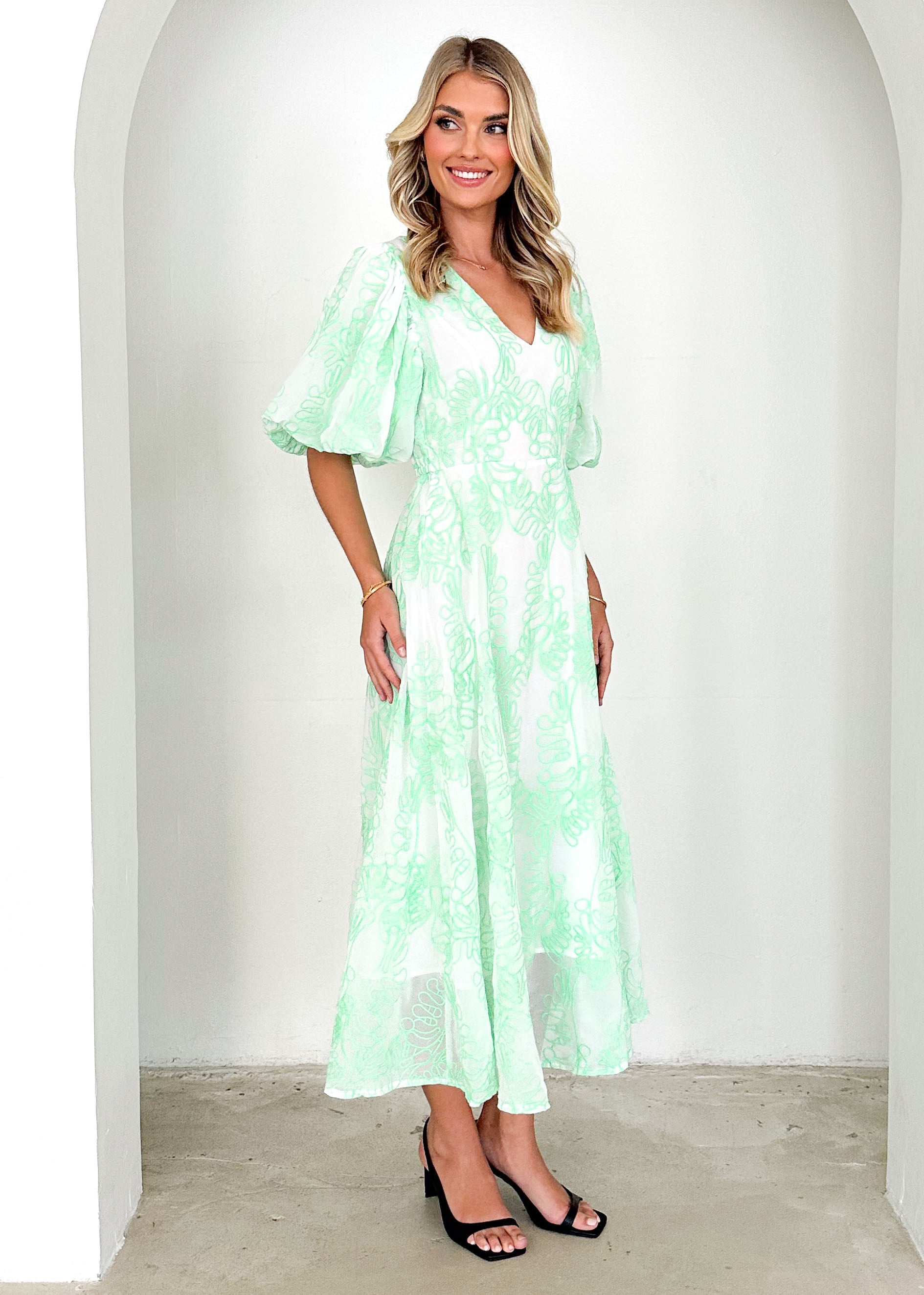 Ninetta Midi Dress - Green Embroidered