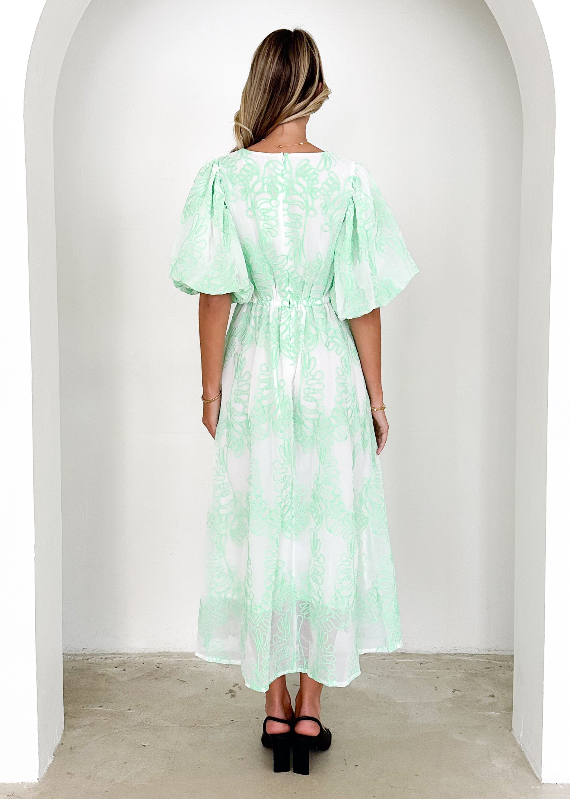 Ninetta Midi Dress - Green Embroidered