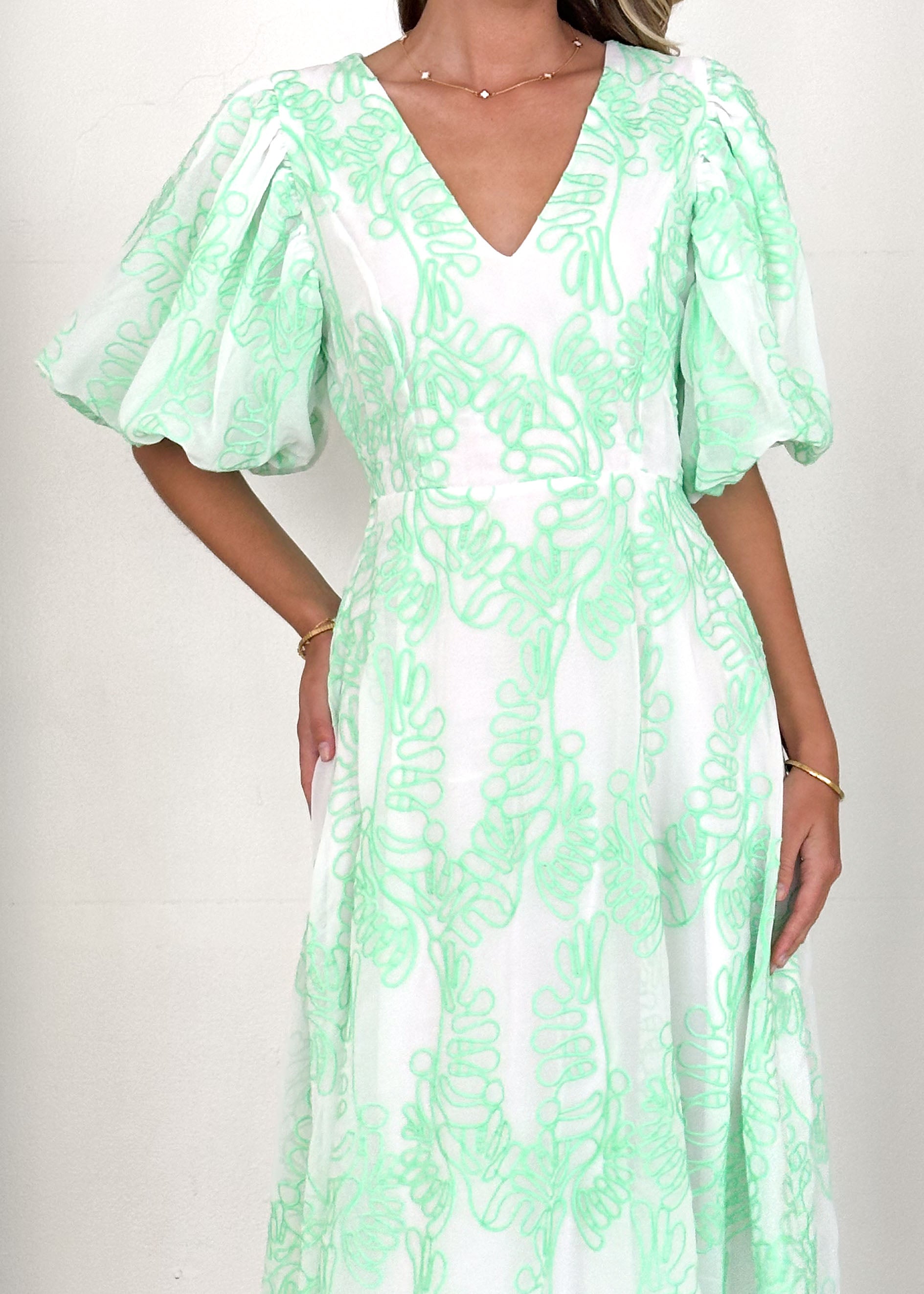 Ninetta Midi Dress - Green Embroidered