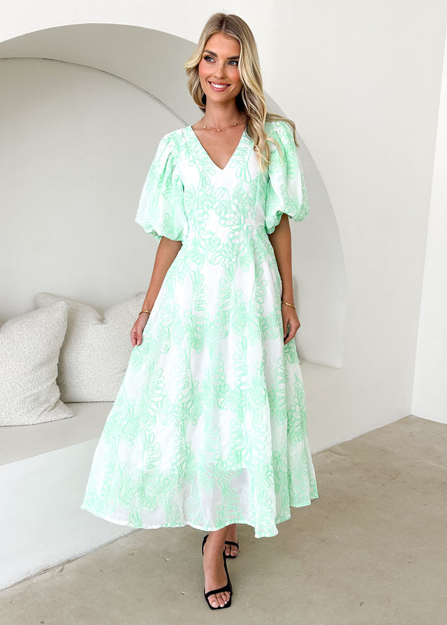 Ninetta Midi Dress - Green Embroidered