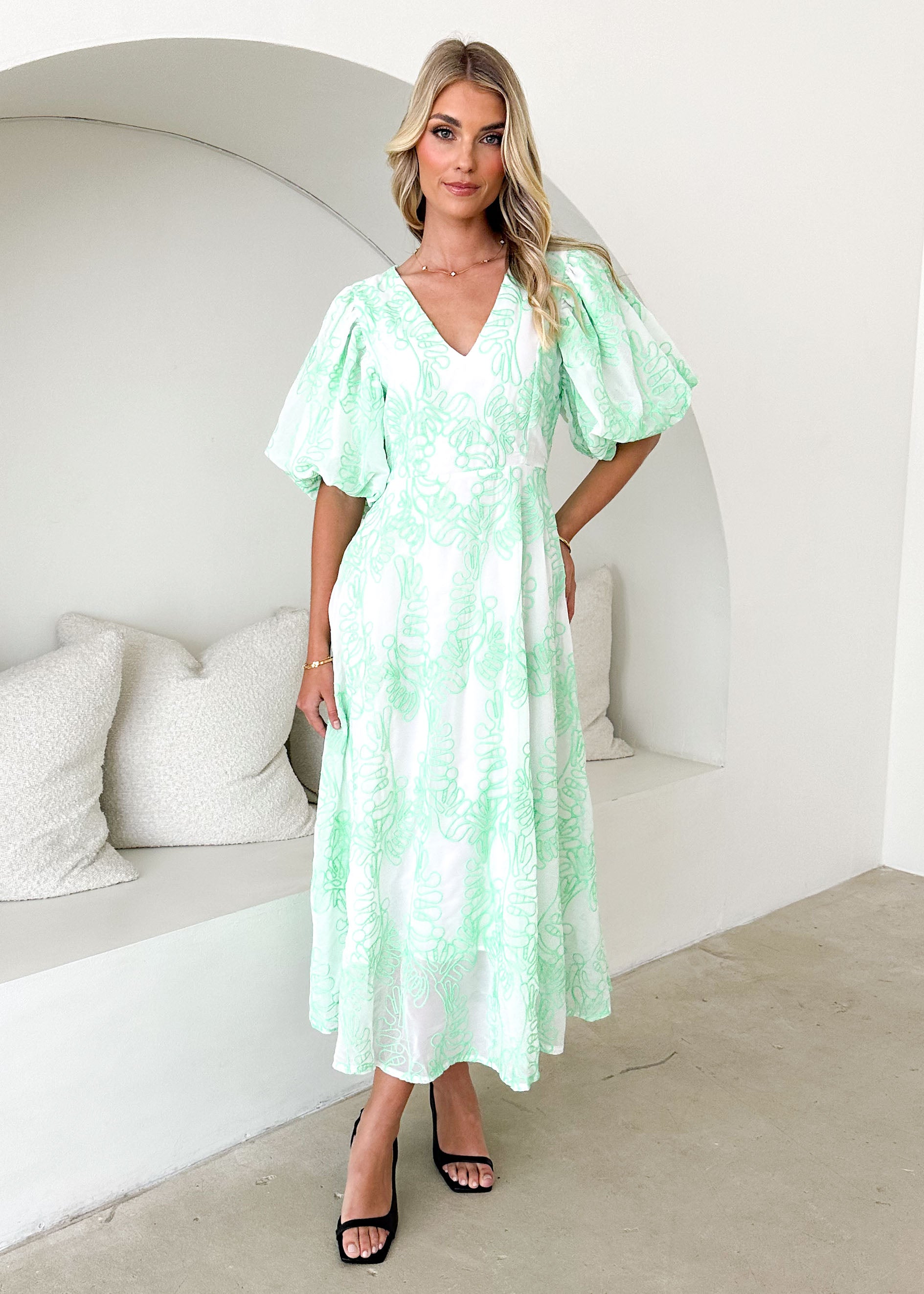 Ninetta Midi Dress - Green Embroidered