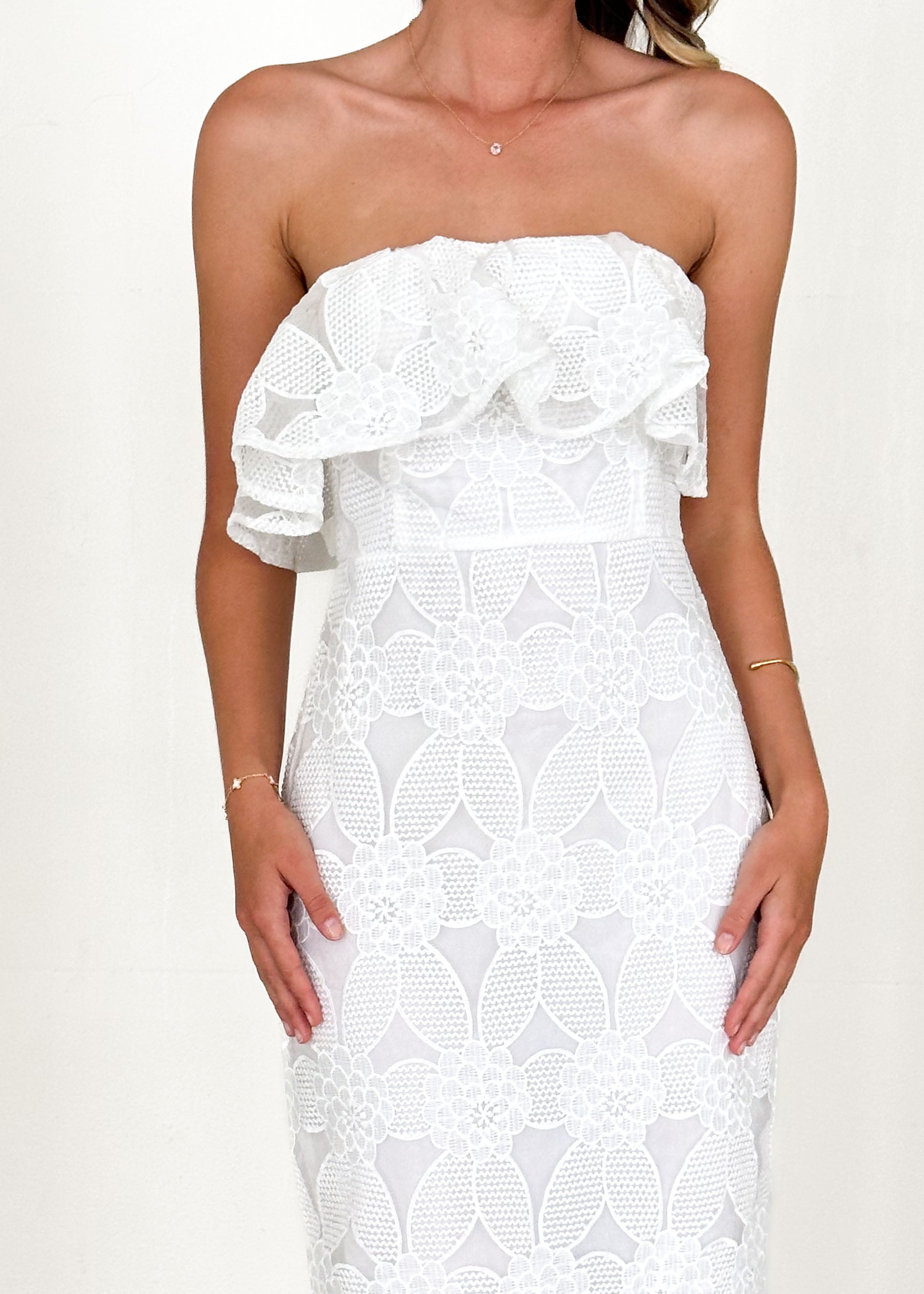 Zara Strapless Midi Dress - White Lace