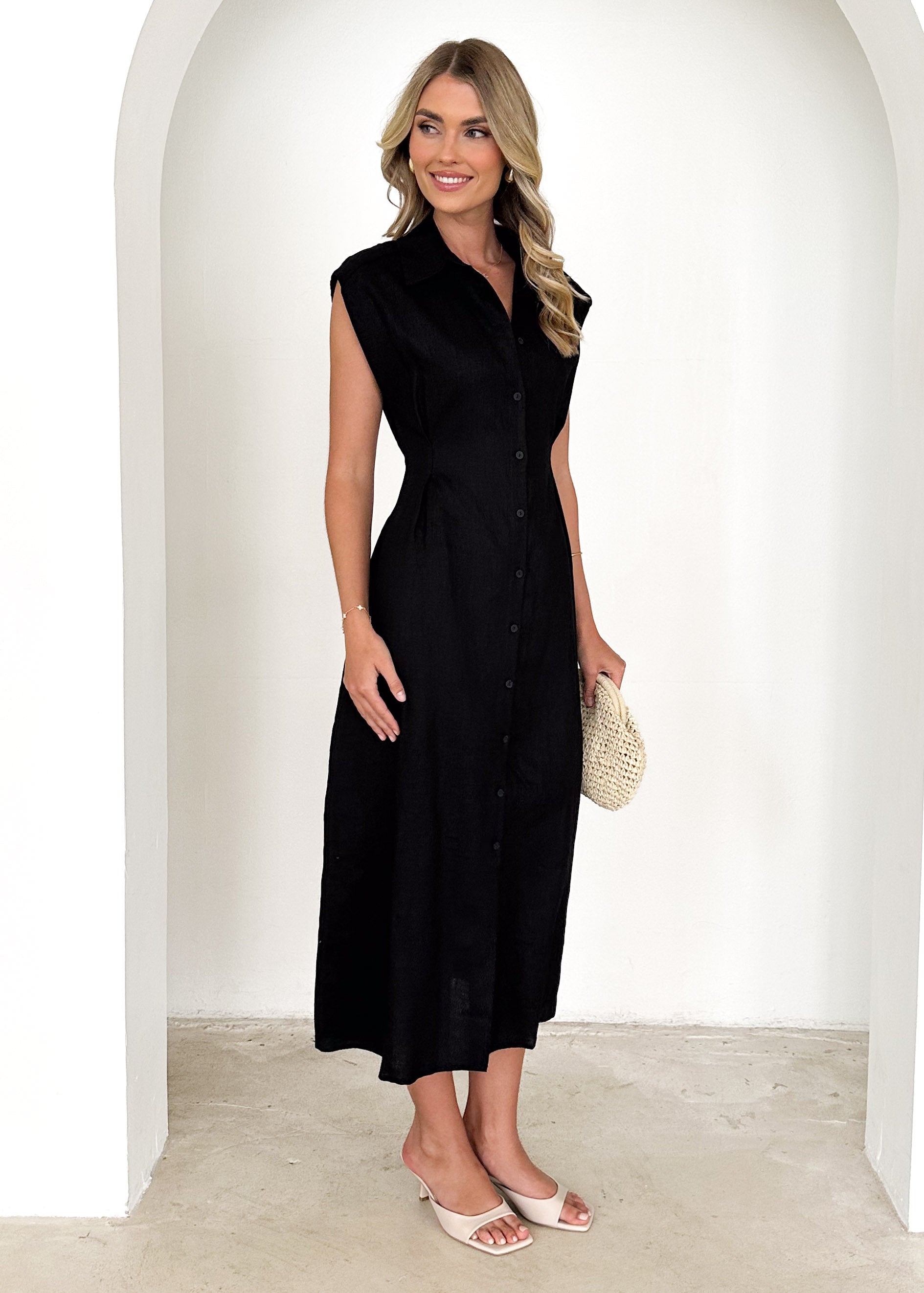 Makari Linen Midi Dress - Black