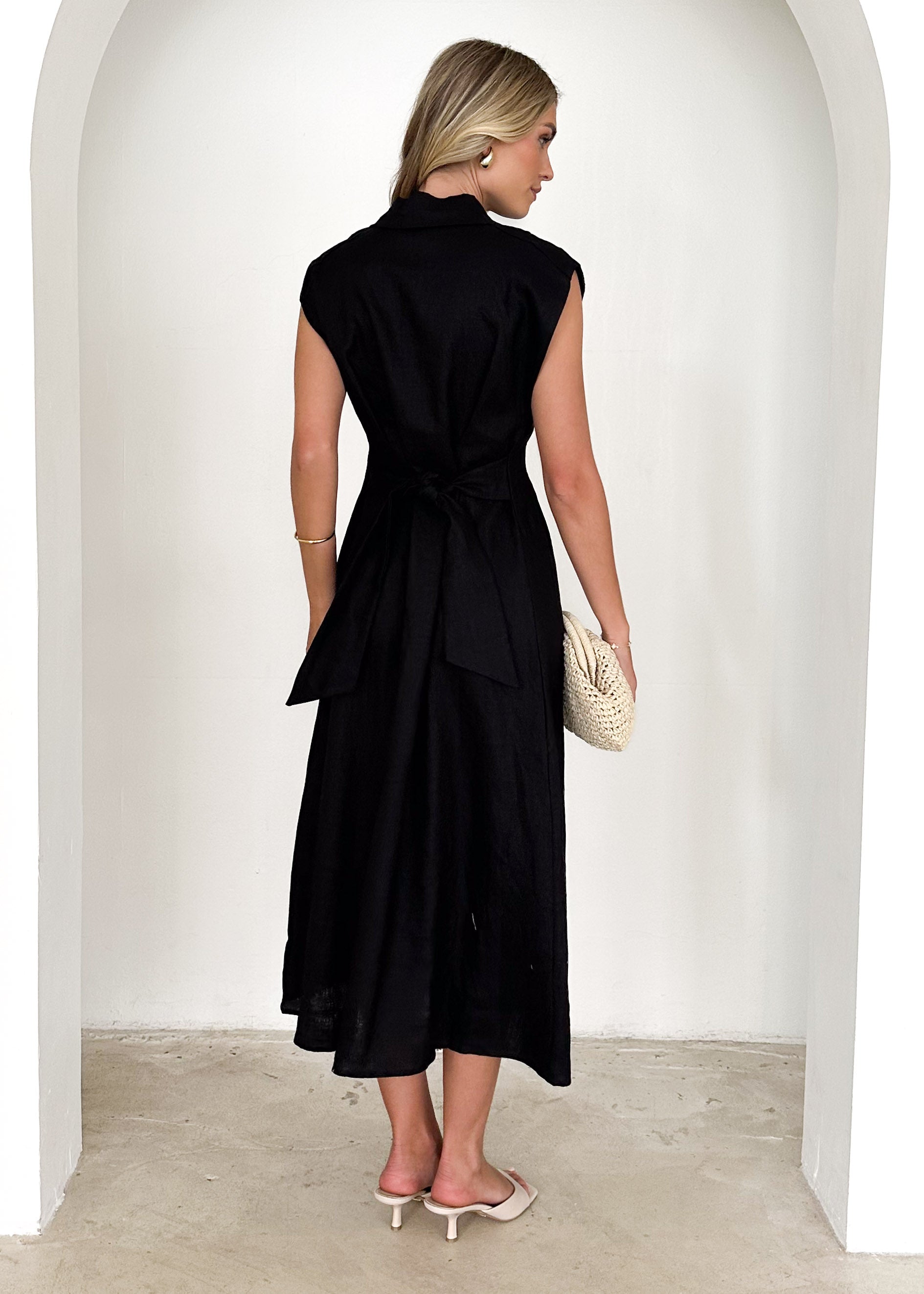 Makari Linen Midi Dress - Black