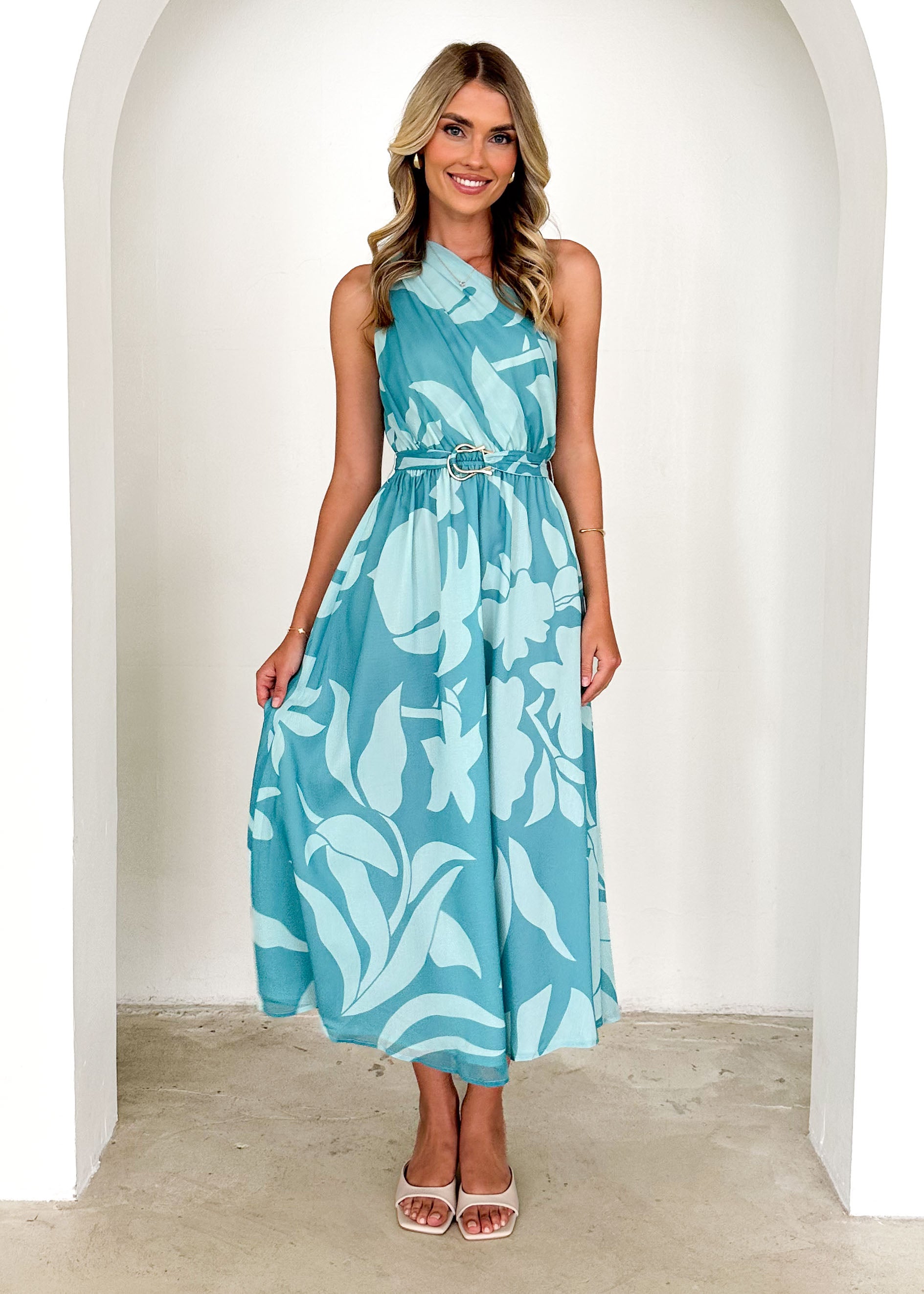 Dana One Shoulder Midi Dress - Teal Floral