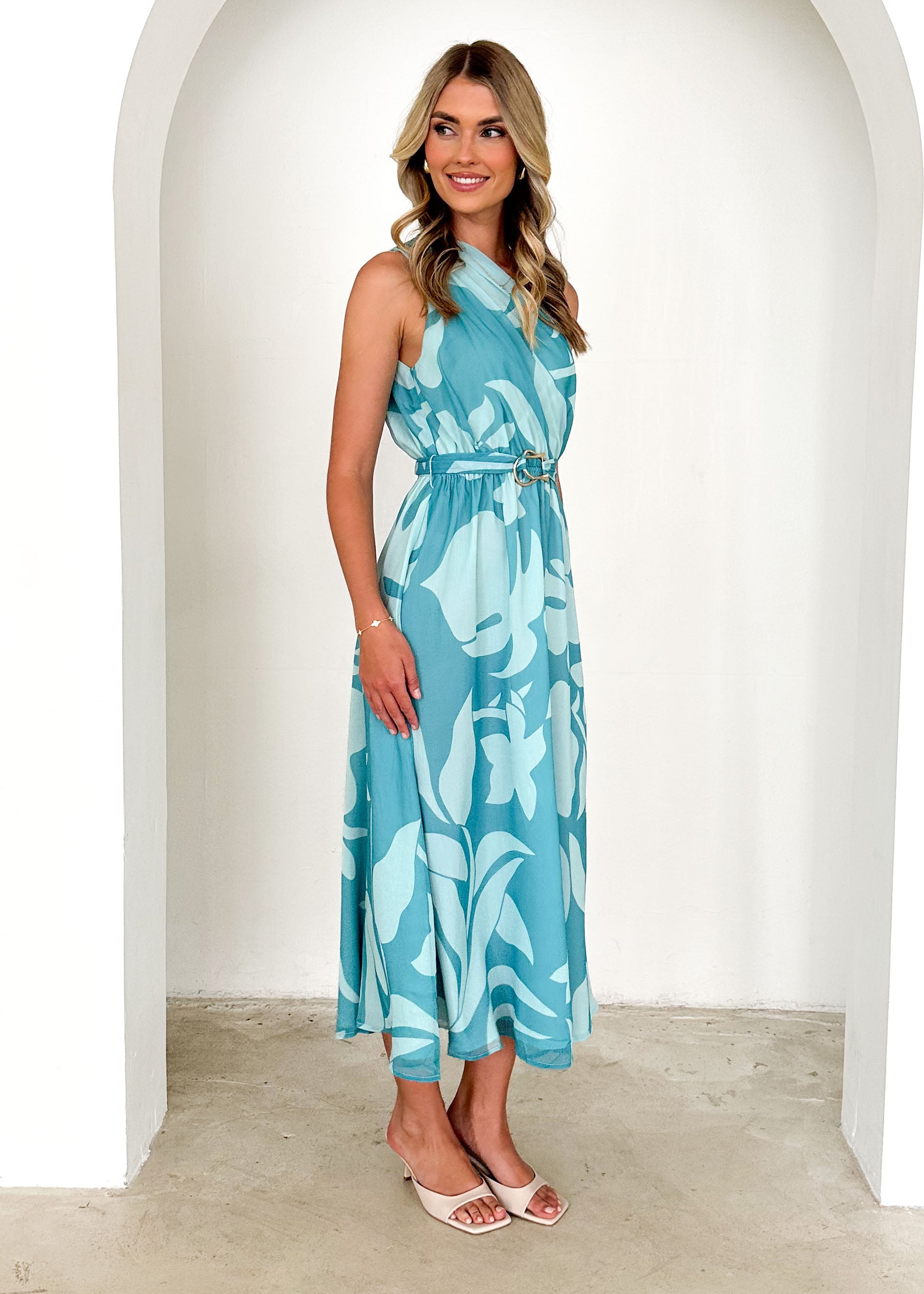 Dana One Shoulder Midi Dress - Teal Floral