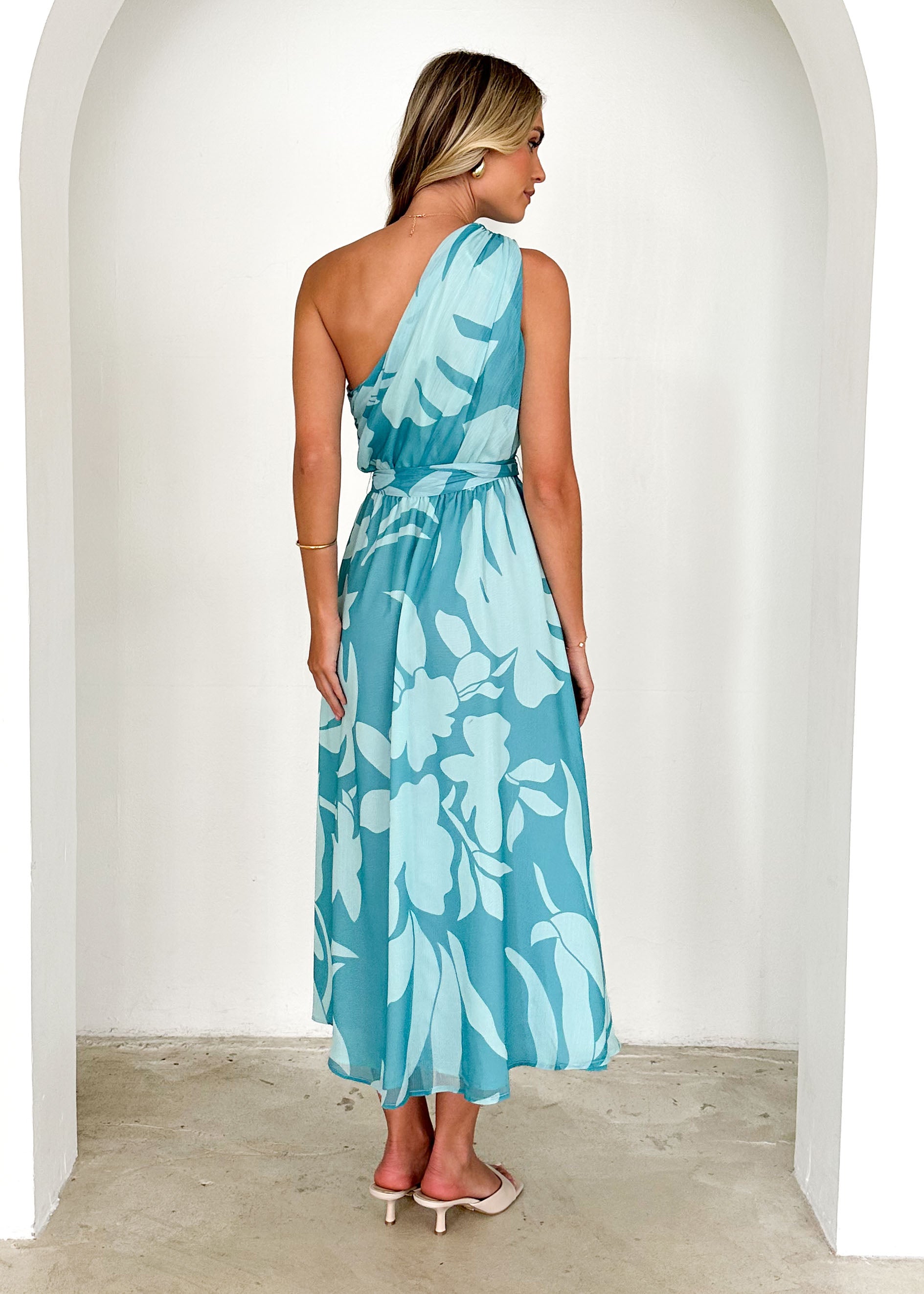 Dana One Shoulder Midi Dress - Teal Floral