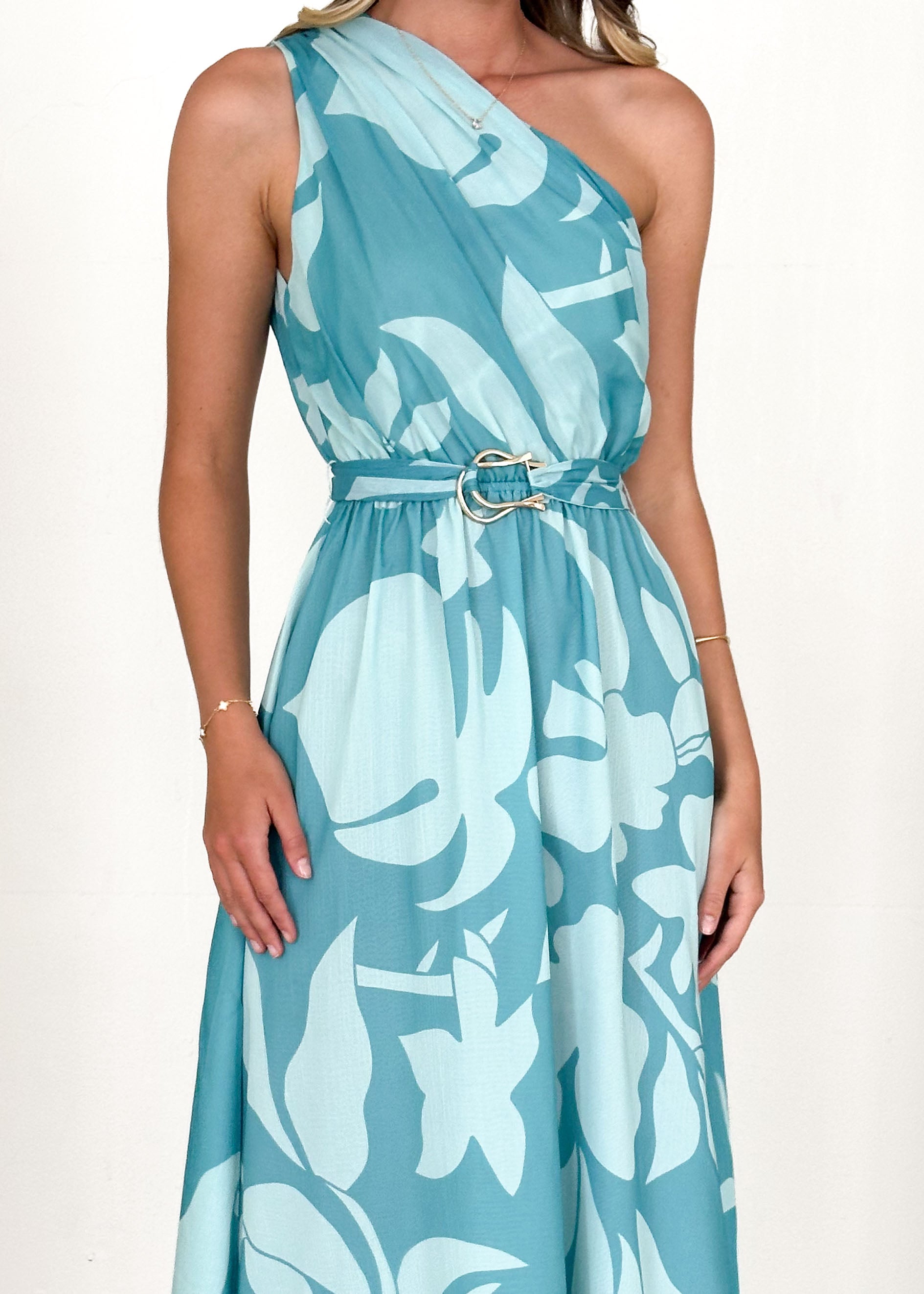 Dana One Shoulder Midi Dress - Teal Floral