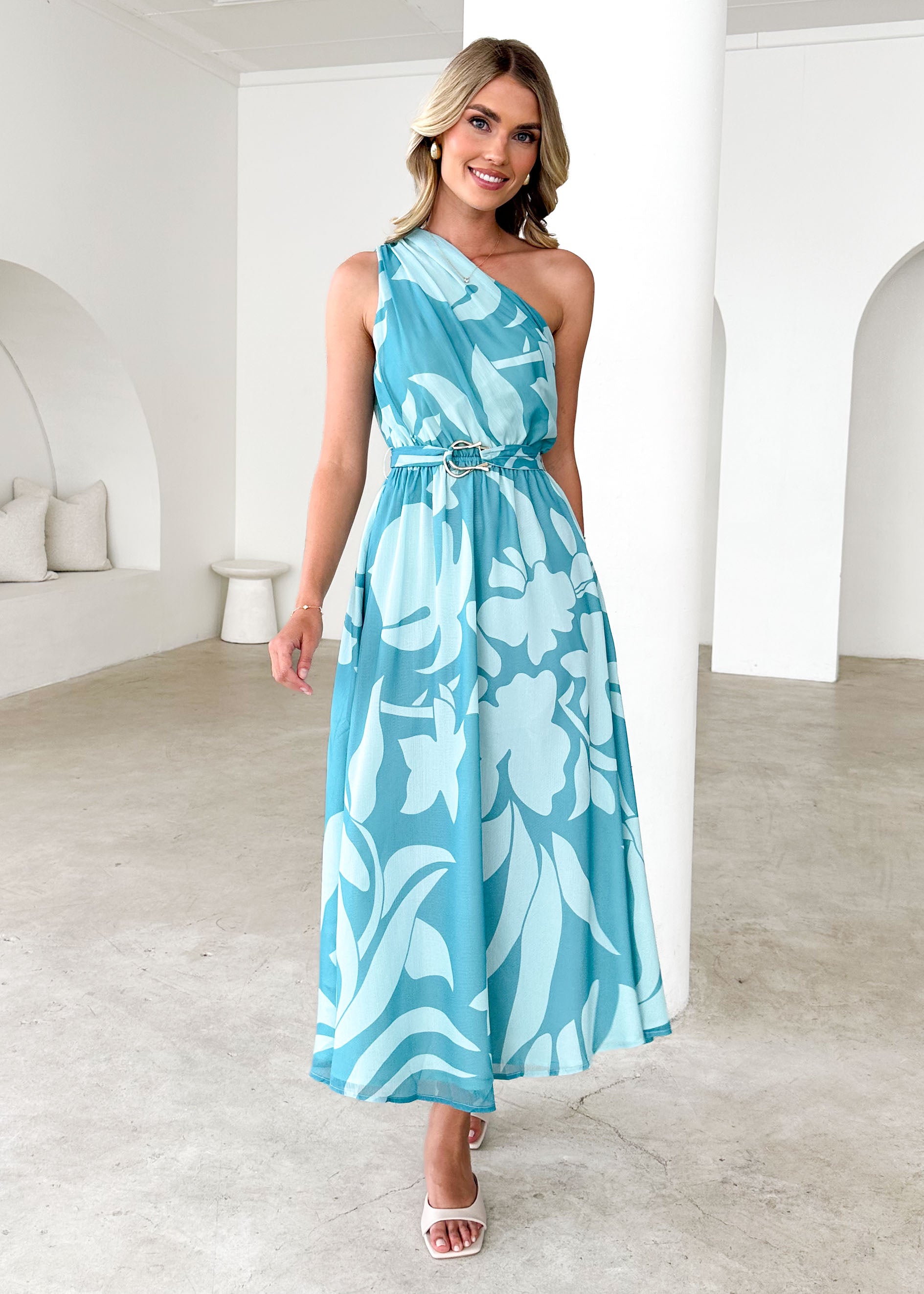 Dana One Shoulder Midi Dress - Teal Floral