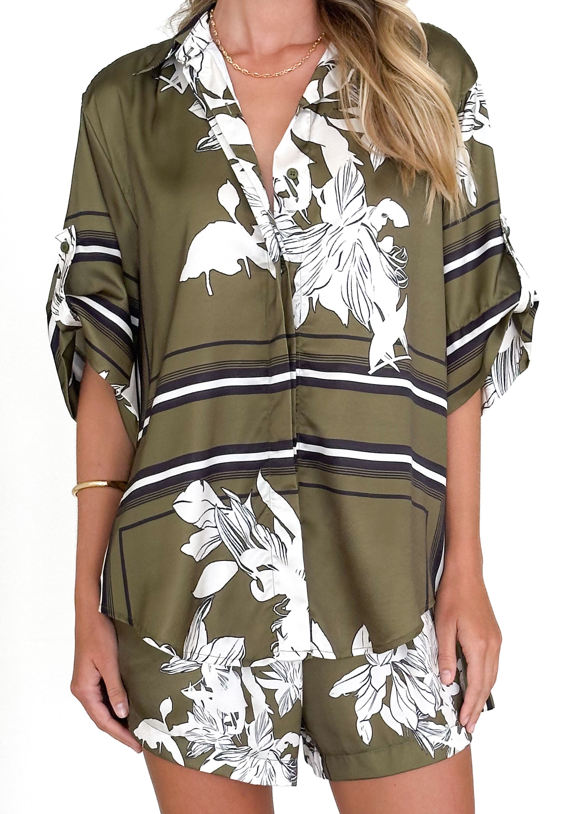 Kaycie Shirt - Khaki Flowers