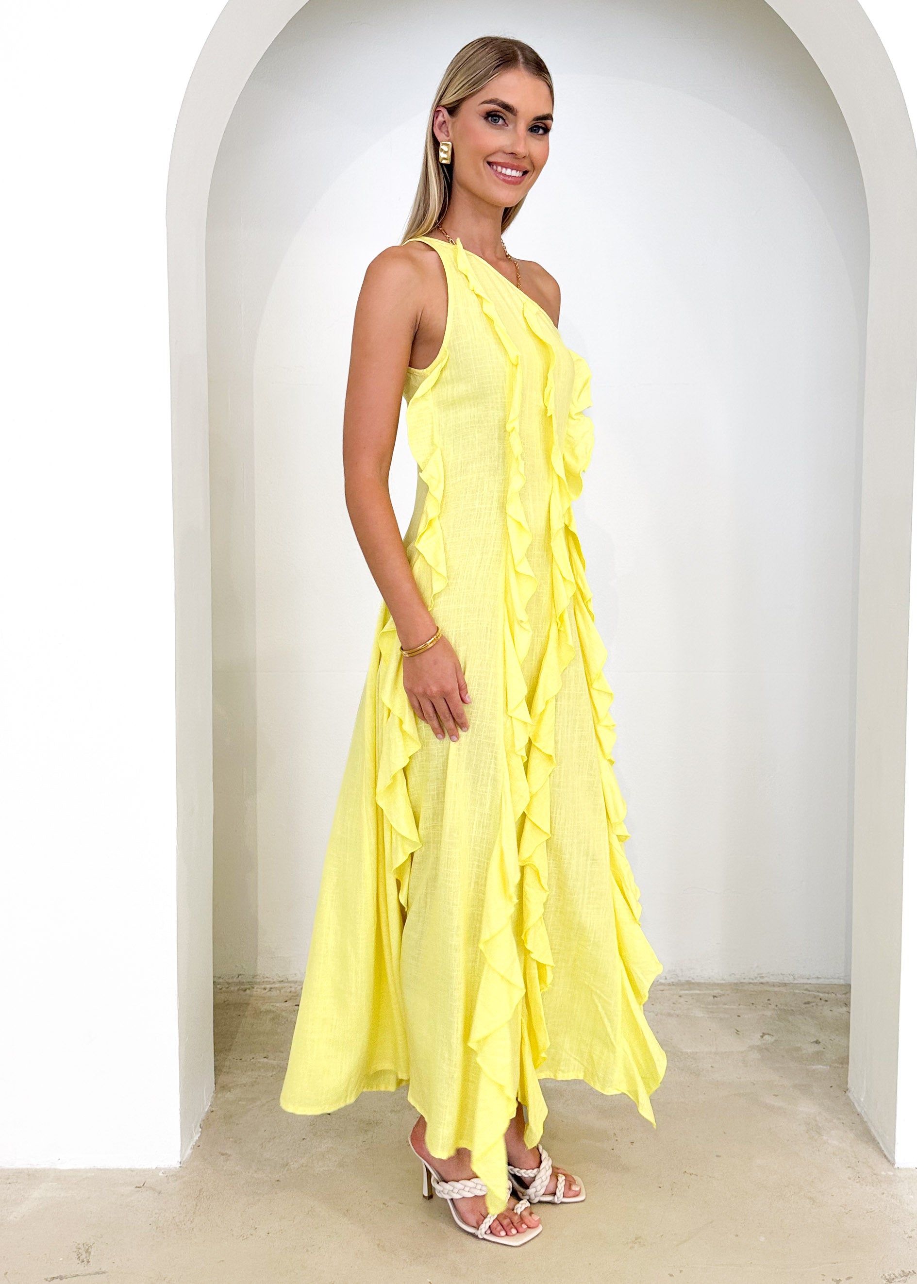 Madro One Shoulder Midi Dress - Lemon
