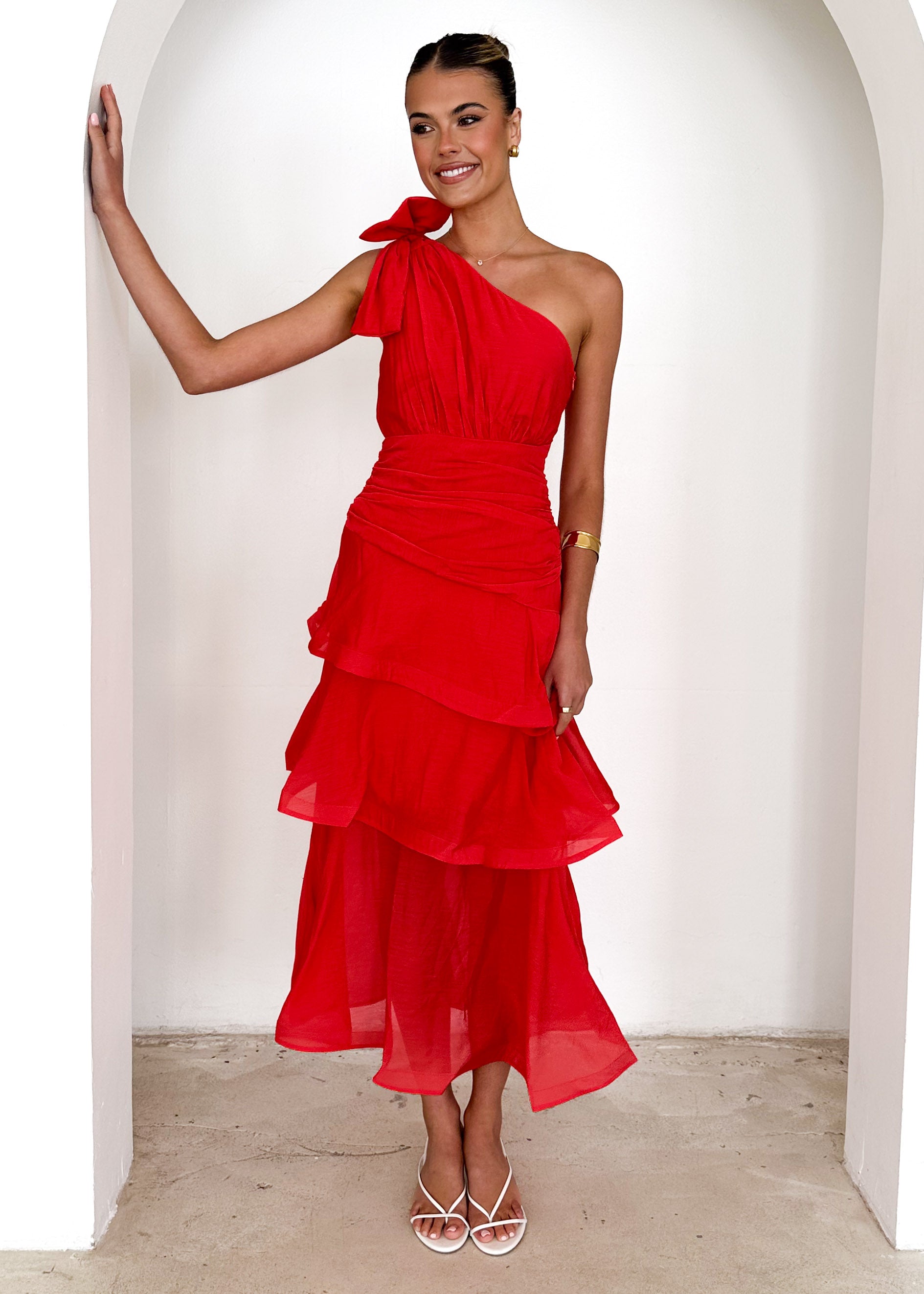 Pinnie One Shoulder Midi Dress - Red