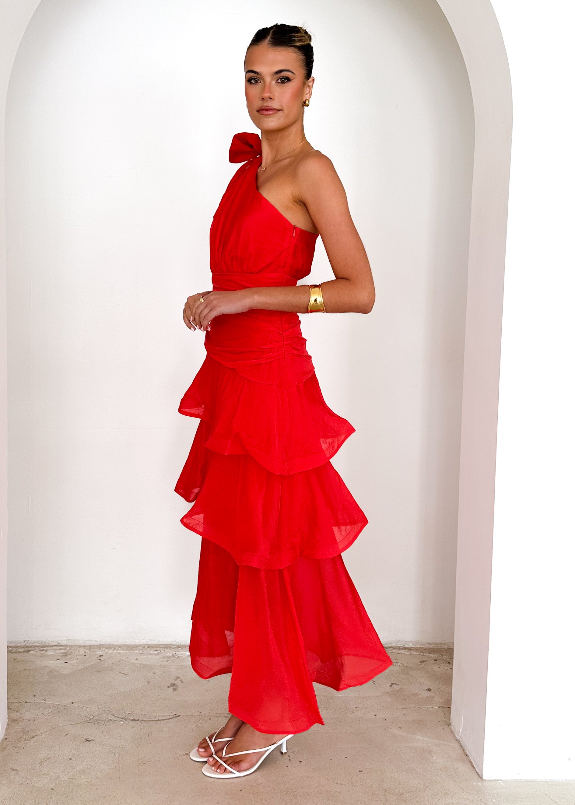 Pinnie One Shoulder Midi Dress - Red