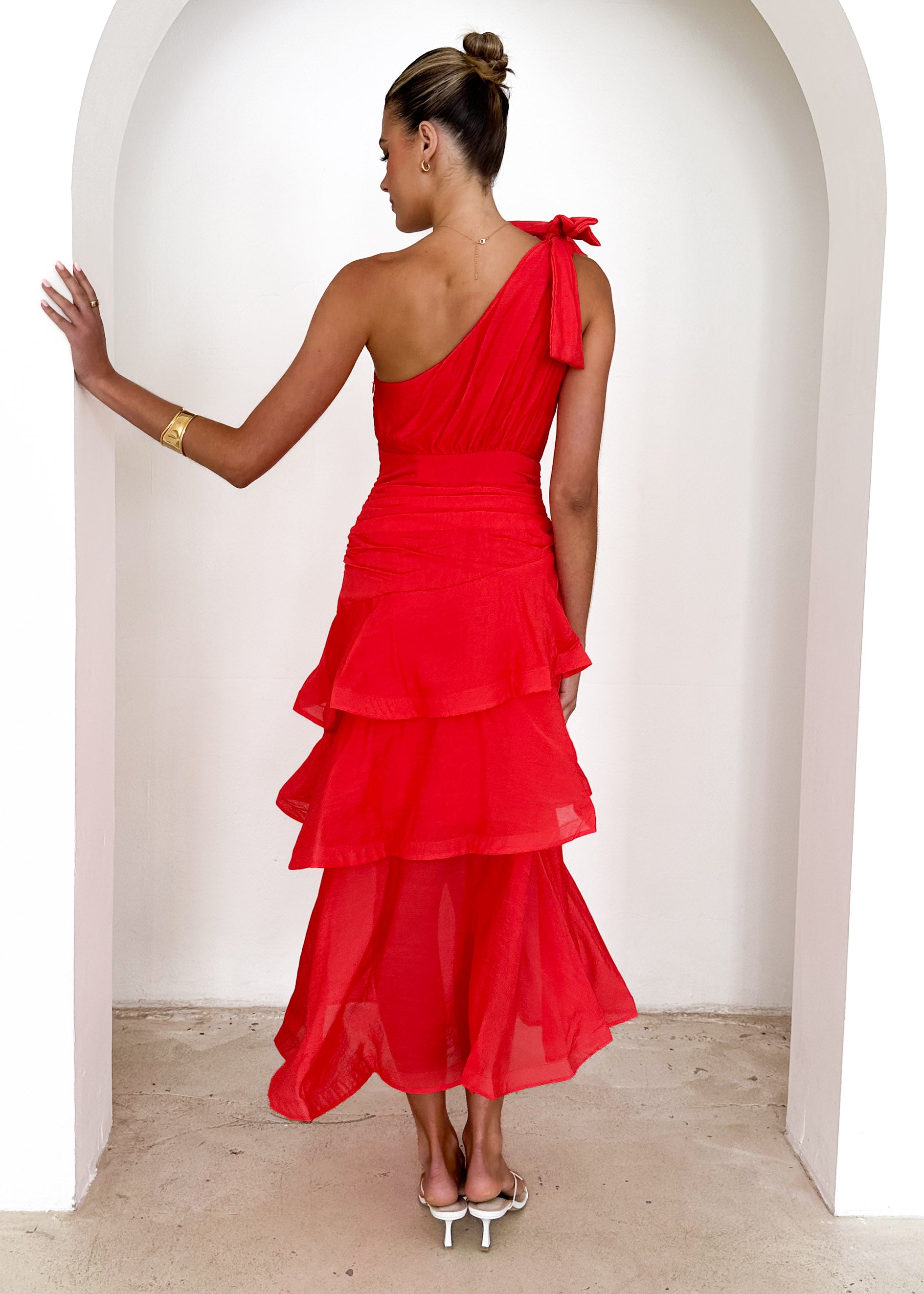 Pinnie One Shoulder Midi Dress - Red