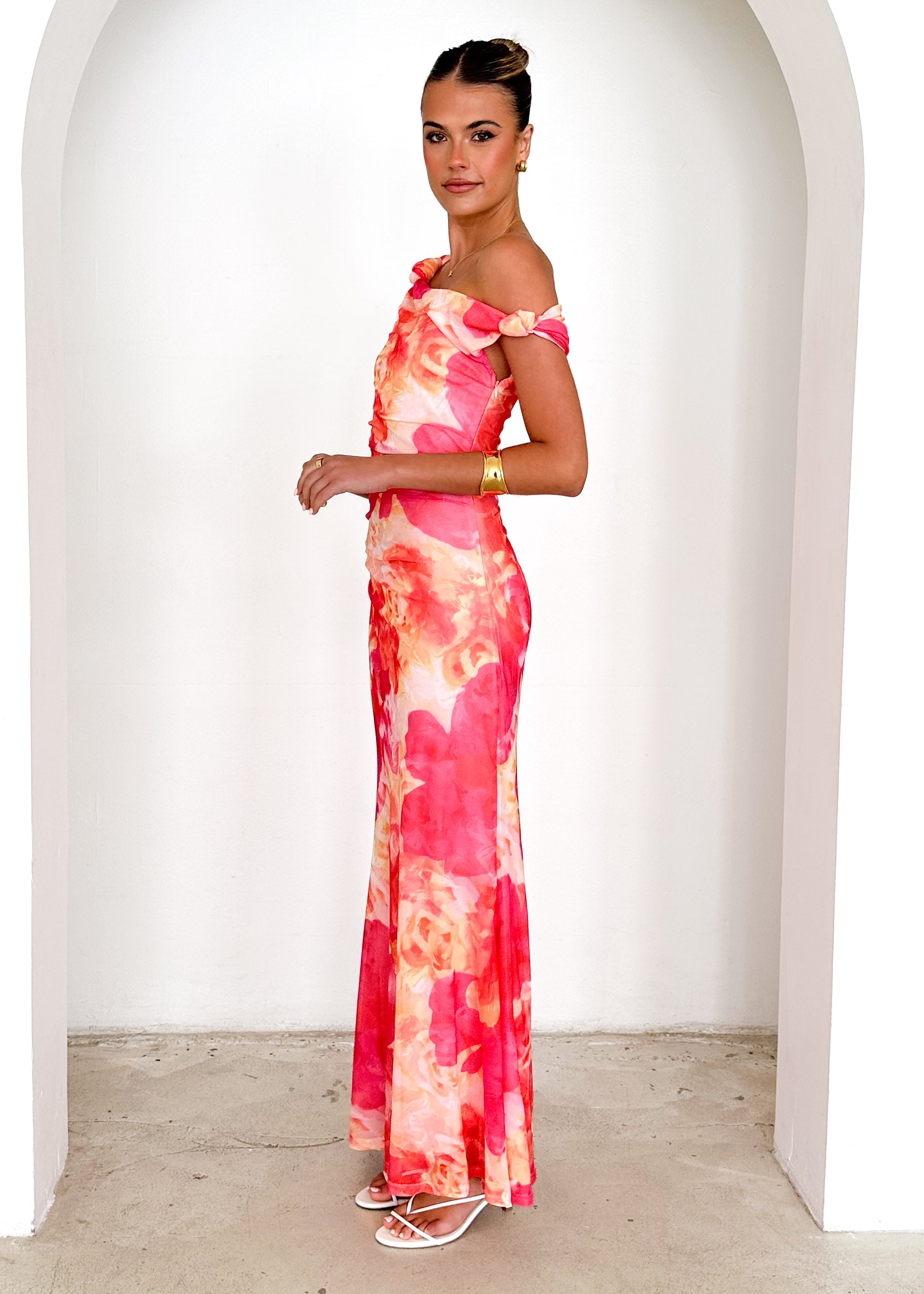 Ziah One Shoulder Mesh Maxi Dress - Magenta Abstract