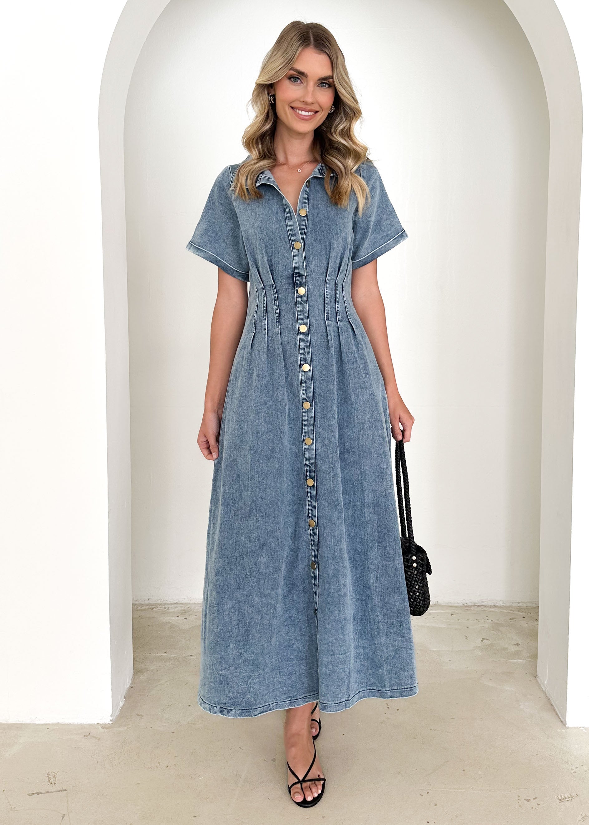 Annika Denim Midi Dress - Washed Blue