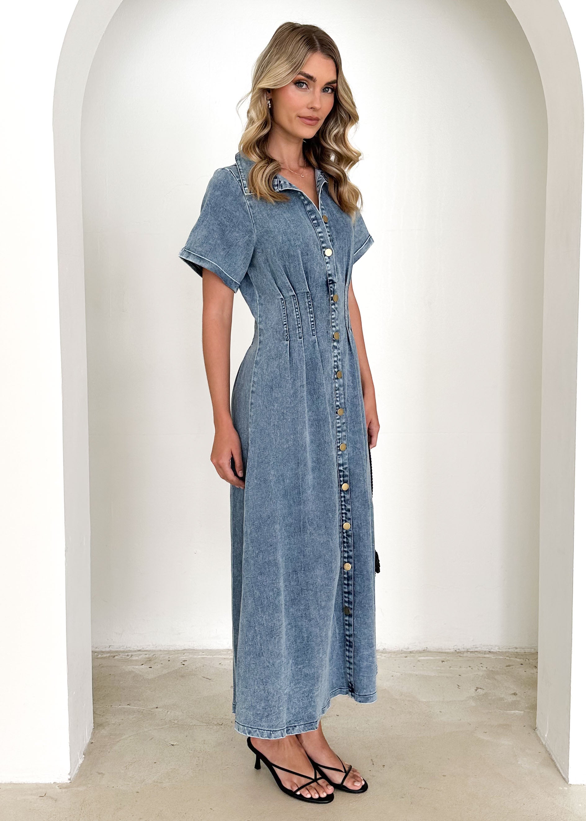 Annika Denim Midi Dress - Washed Blue