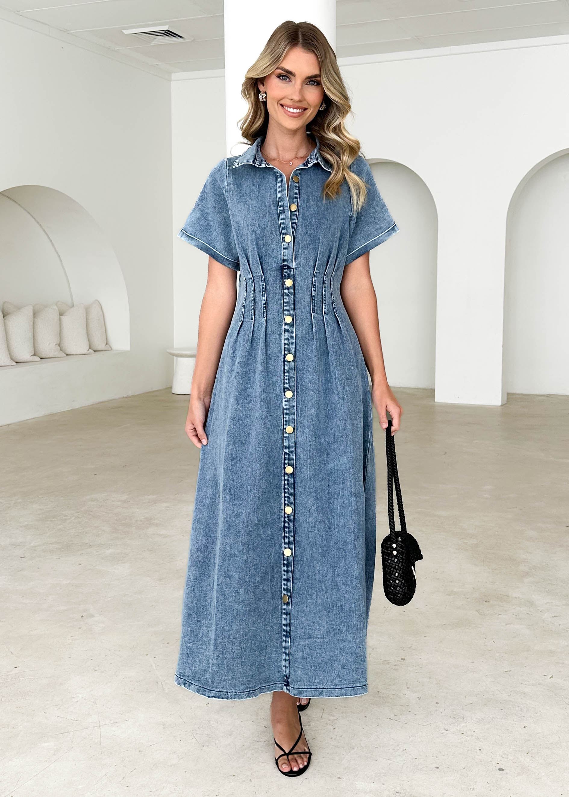 Annika Denim Midi Dress - Washed Blue