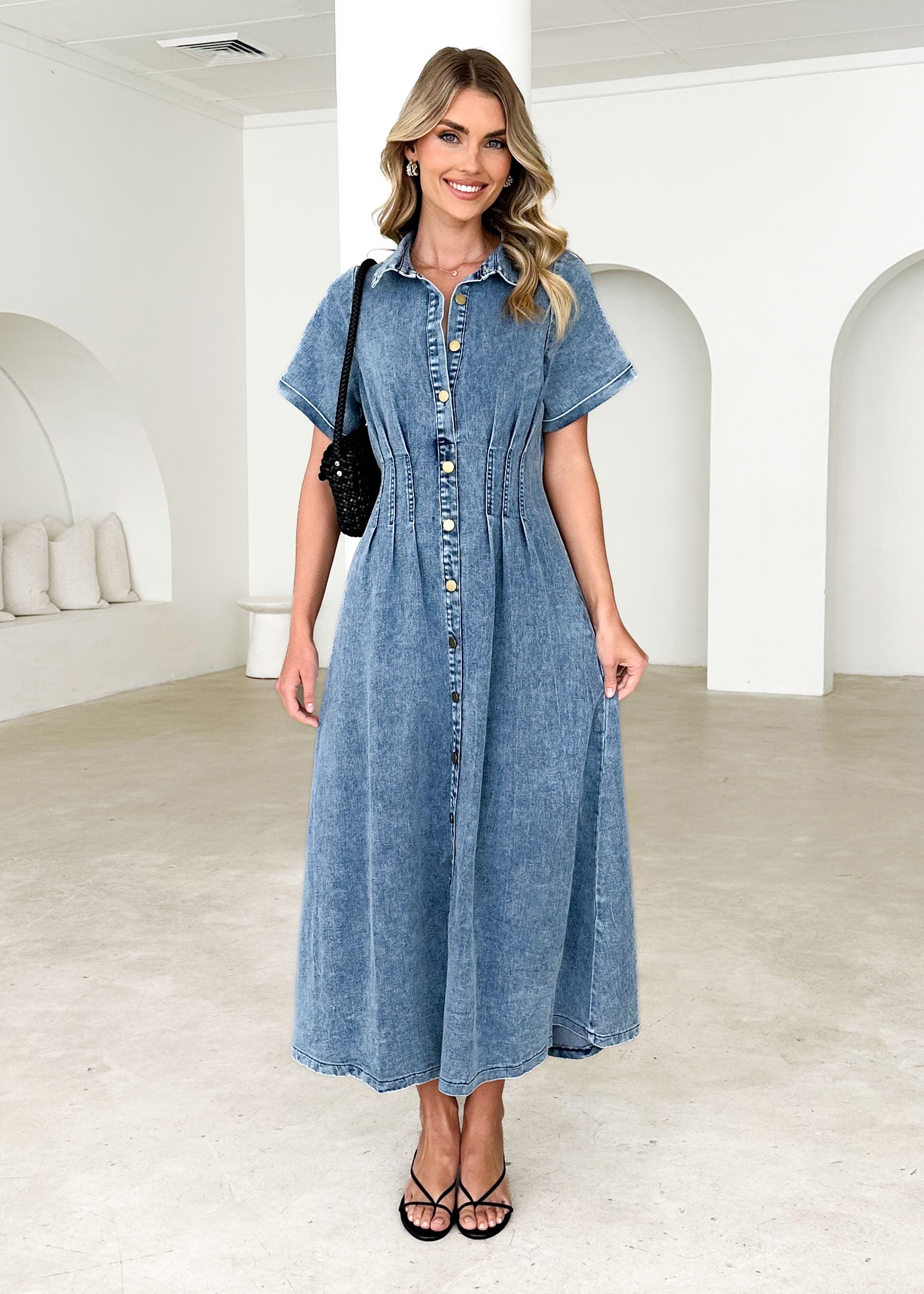 Annika Denim Midi Dress - Washed Blue