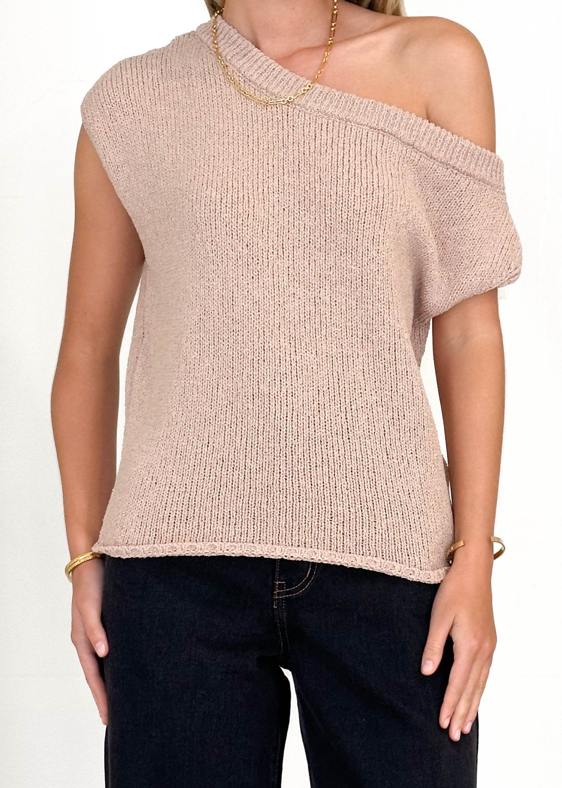 Casoni One Shoulder Knit Top - Natural