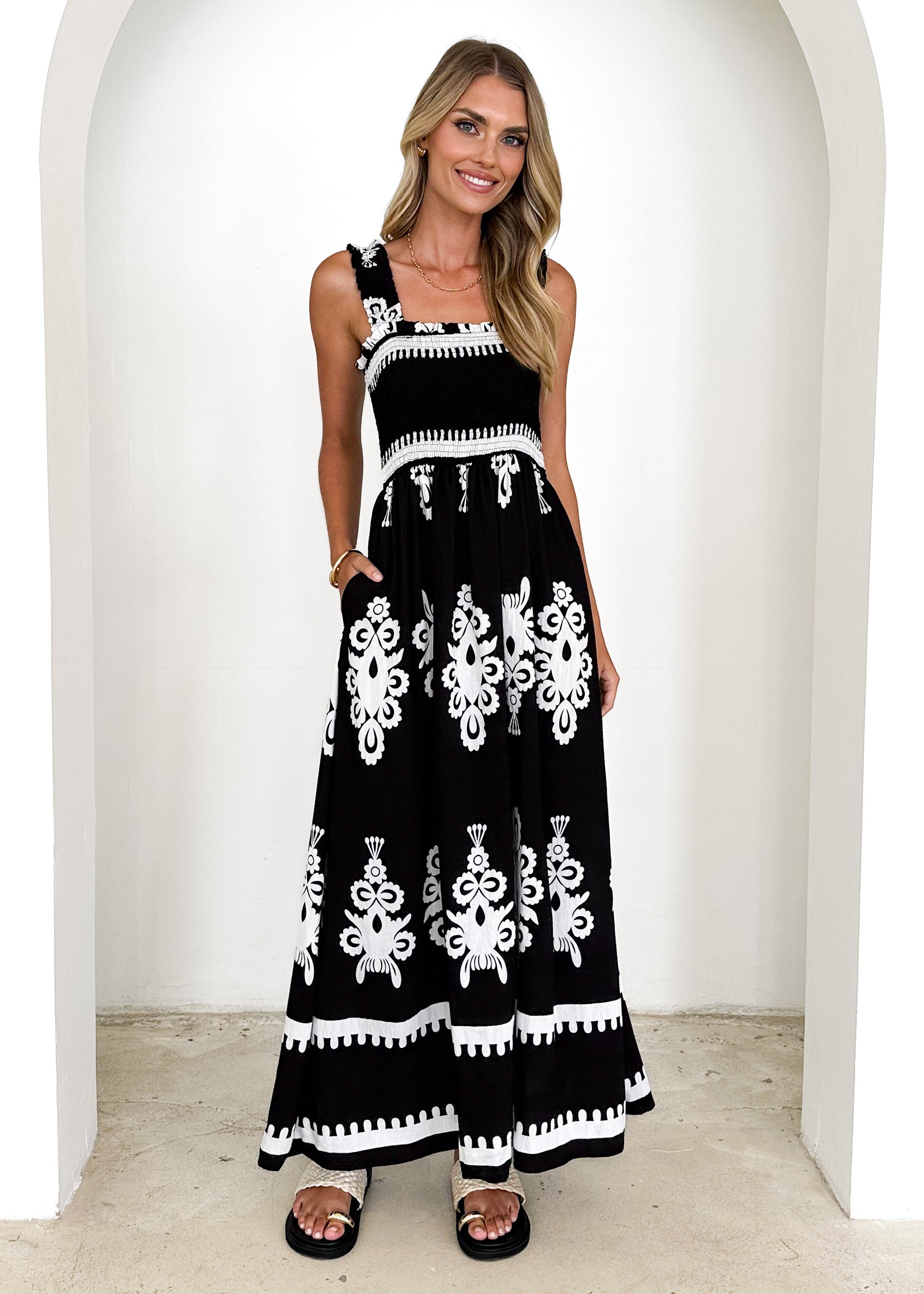 Arana Maxi Dress - Black Abstract